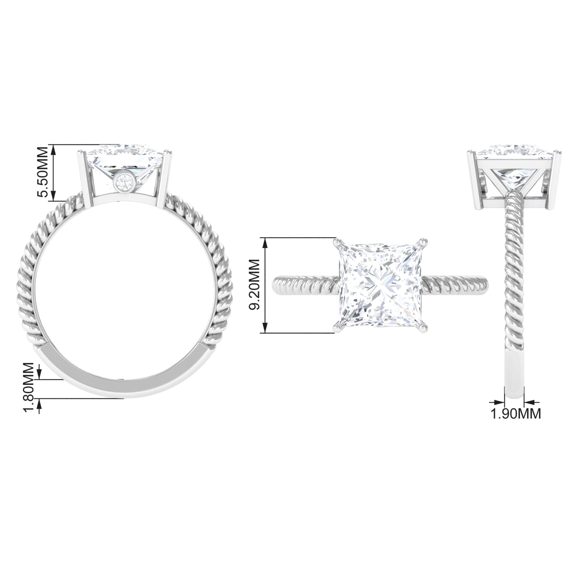 Princess Cut Moissanite Solitaire Ring with Gold Twisted Rope Moissanite - ( D-VS1 ) - Color and Clarity - Rosec Jewels