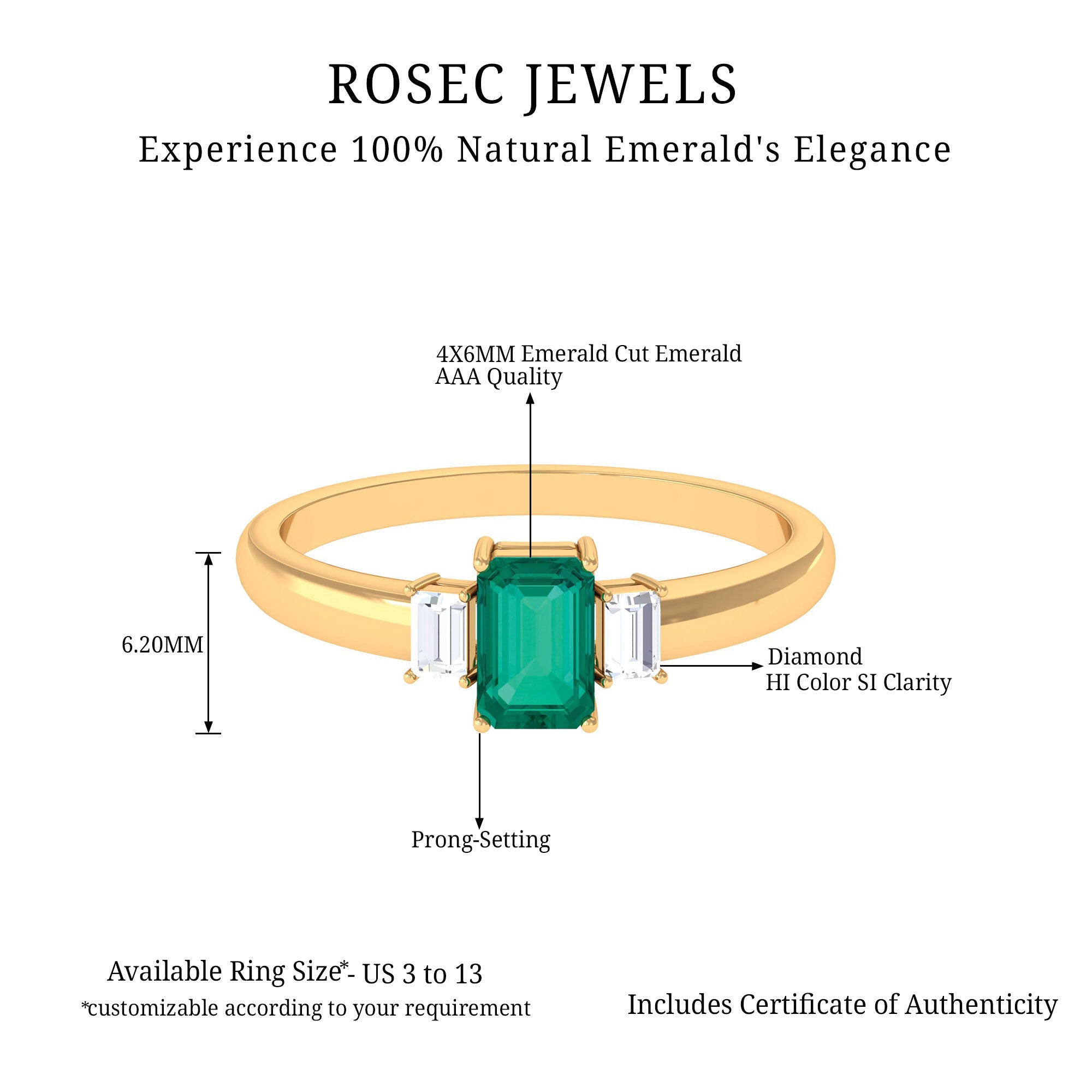 1 CT Octagon shape Emerald and Diamond Three Stone Promise Ring Emerald - ( AAA ) - Quality - Rosec Jewels