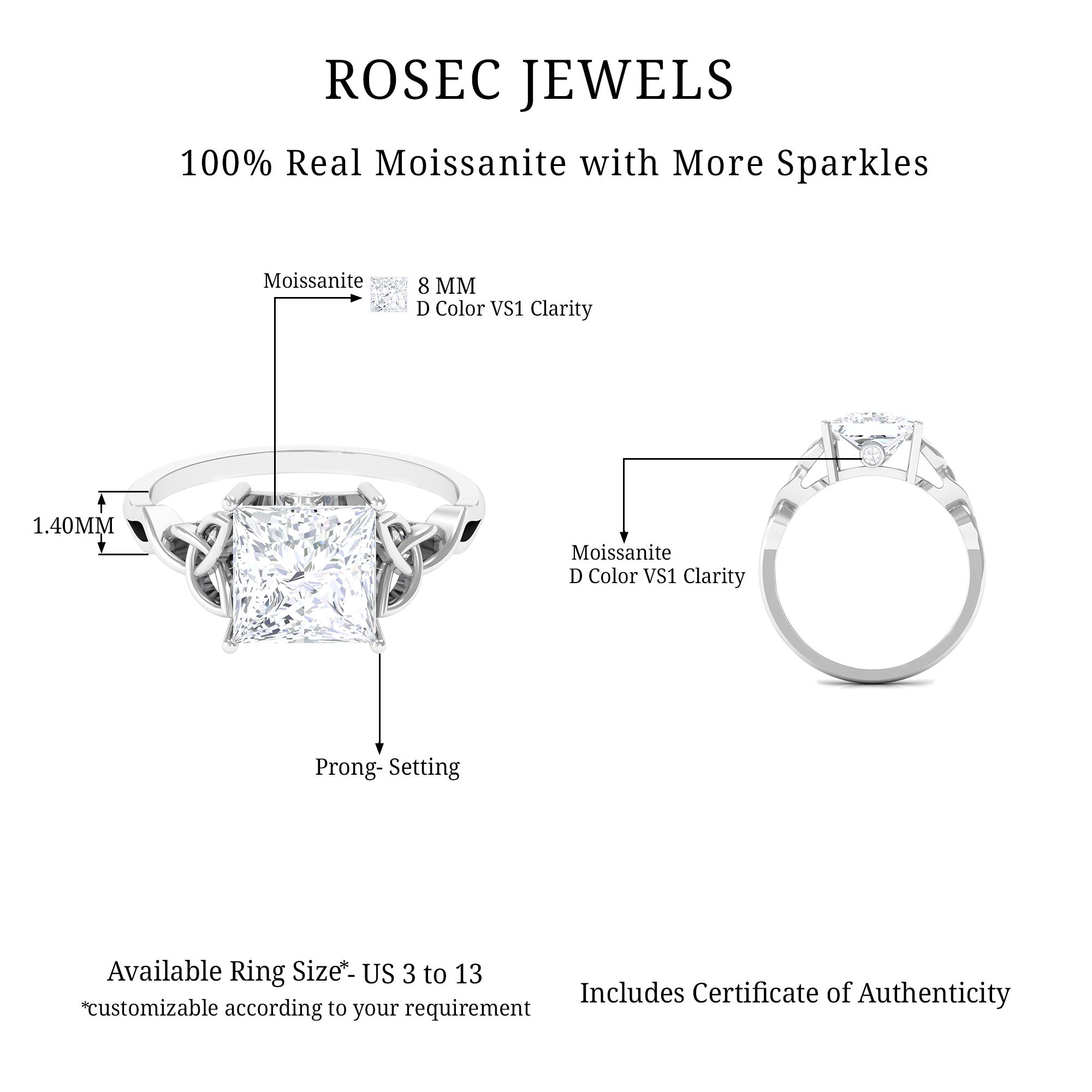 Princess Cut Solitaire Moissanite Celtic Knot Engagement Ring Moissanite - ( D-VS1 ) - Color and Clarity - Rosec Jewels