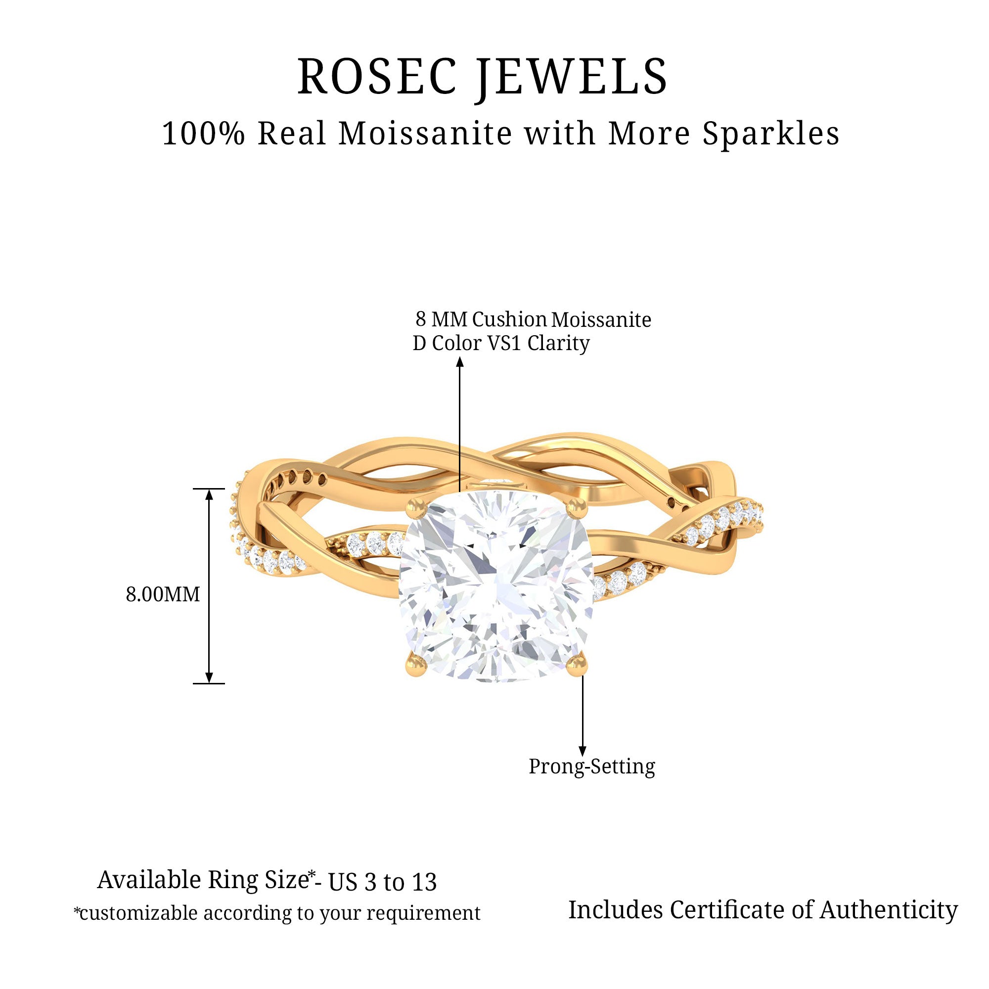 2.25 CT Cushion Cut Solitaire Moissanite Braided Ring Moissanite - ( D-VS1 ) - Color and Clarity - Rosec Jewels