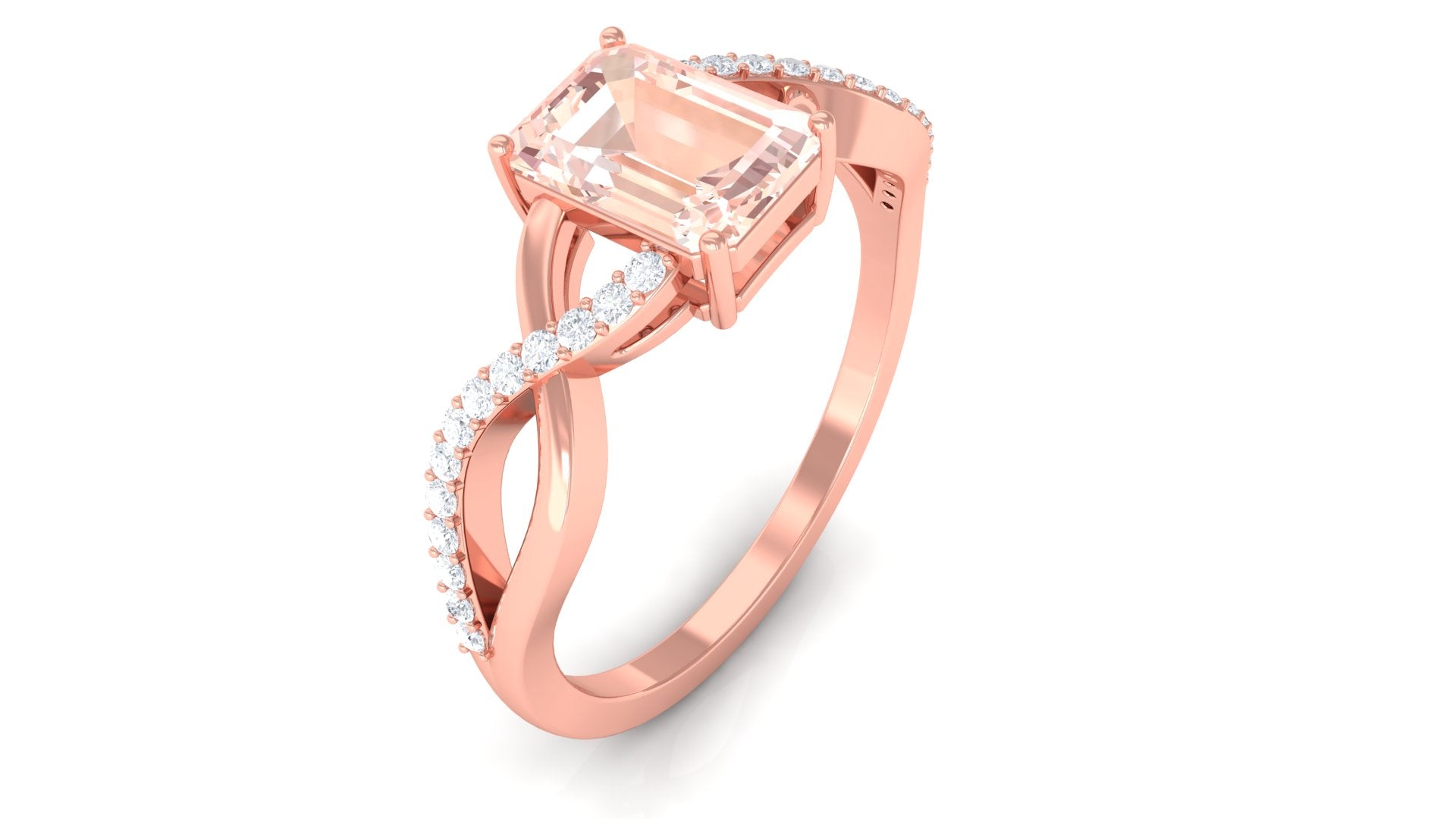 Emerald Cut Morganite Crossover Engagement Ring with Diamond Morganite - ( AAA ) - Quality - Rosec Jewels