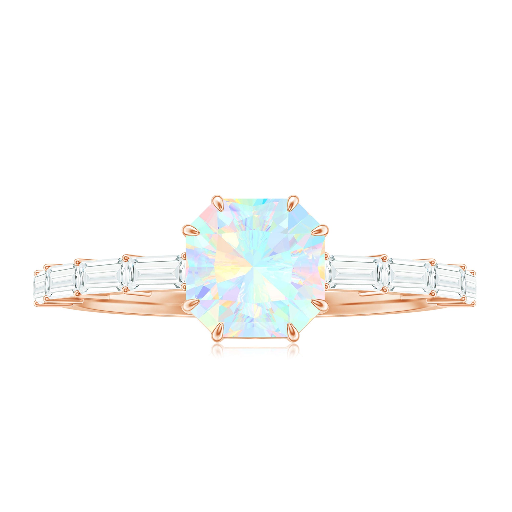 Asscher Cut Ethiopian Opal Solitaire Ring with Diamond Side Stones Ethiopian Opal - ( AAA ) - Quality - Rosec Jewels