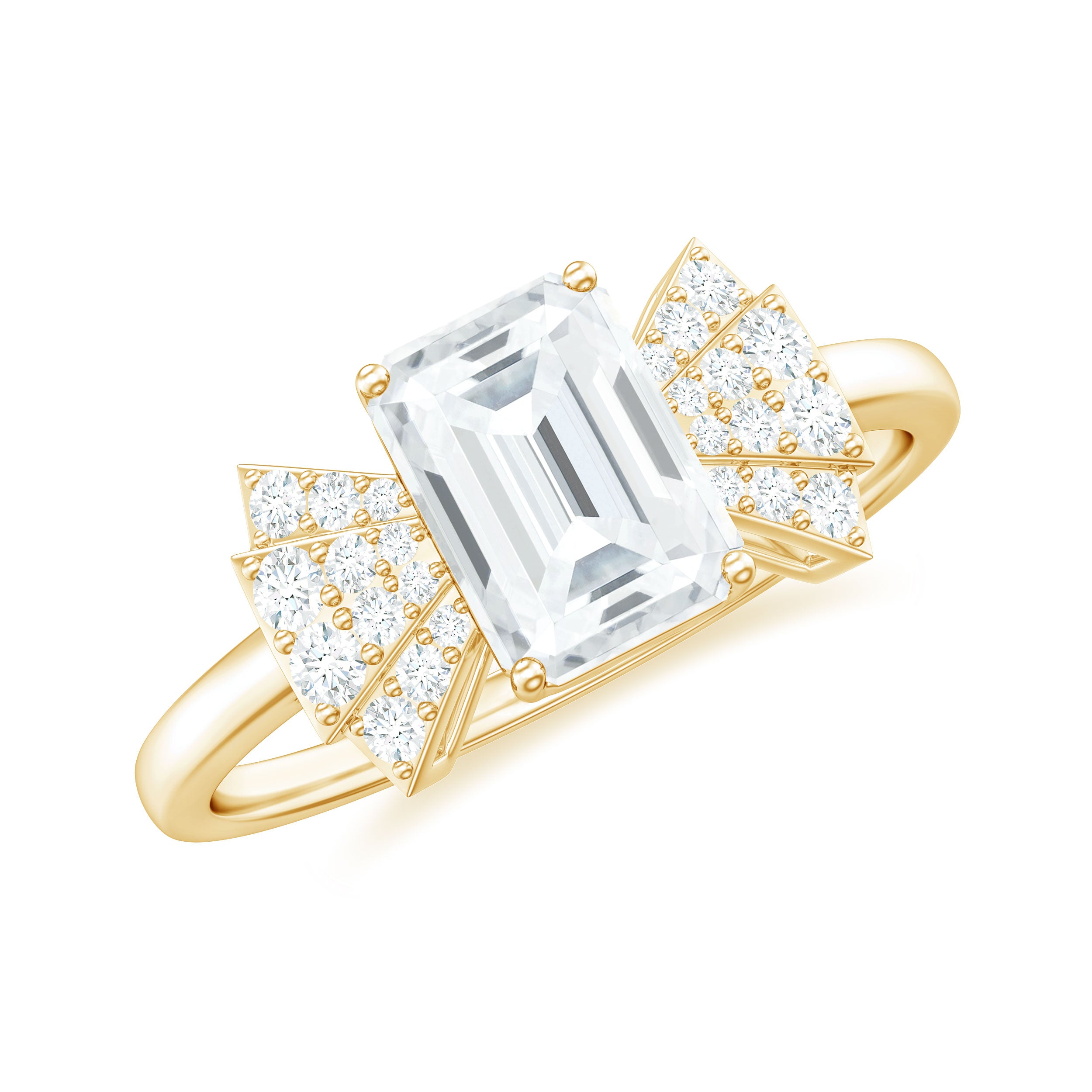 Emerald Cut Moissanite Solitaire Designer Engagement Ring in Gold Moissanite - ( D-VS1 ) - Color and Clarity - Rosec Jewels