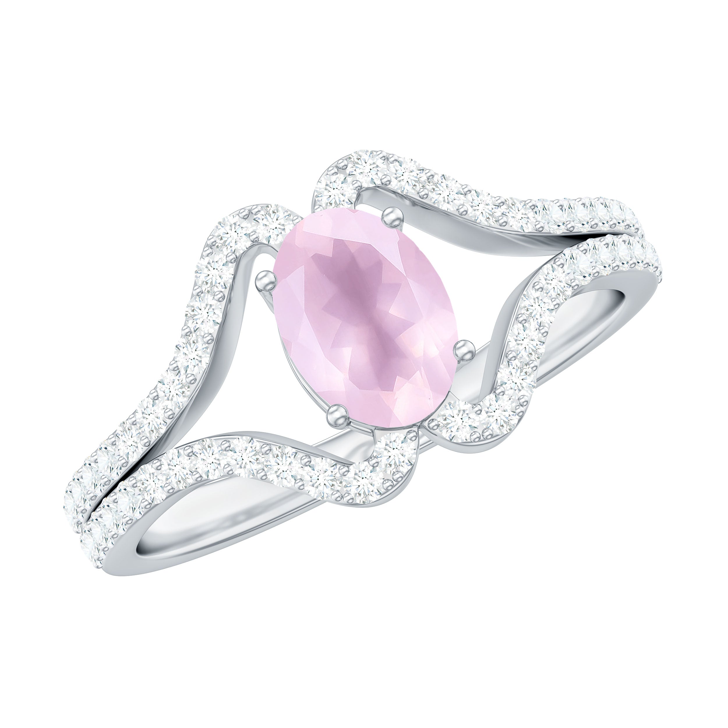 Oval Cut Rose Quartz and Diamond Ring with Split Shank Rose Quartz - ( AAA ) - Quality - Rosec Jewels