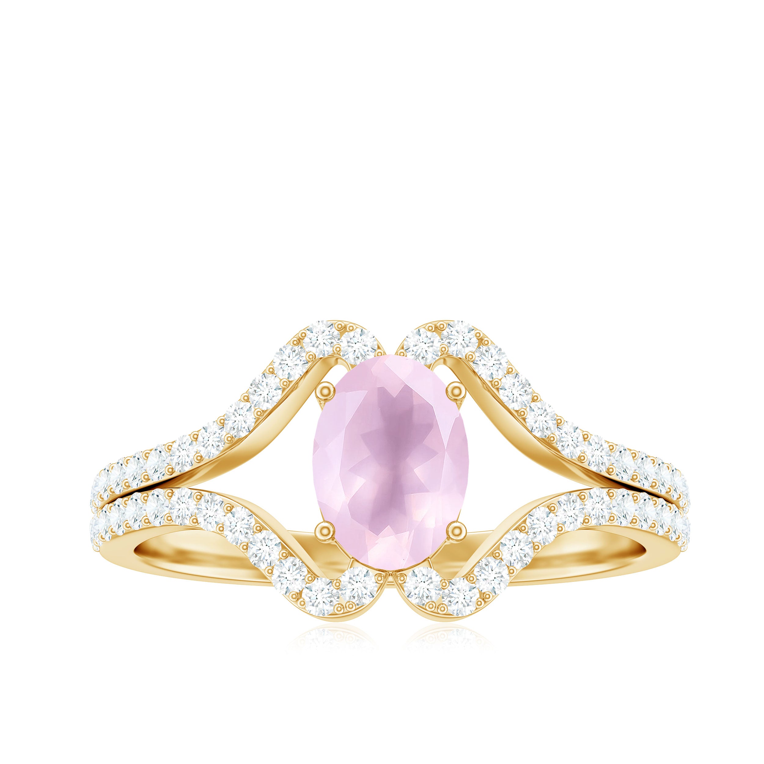 Oval Cut Rose Quartz and Diamond Ring with Split Shank Rose Quartz - ( AAA ) - Quality - Rosec Jewels