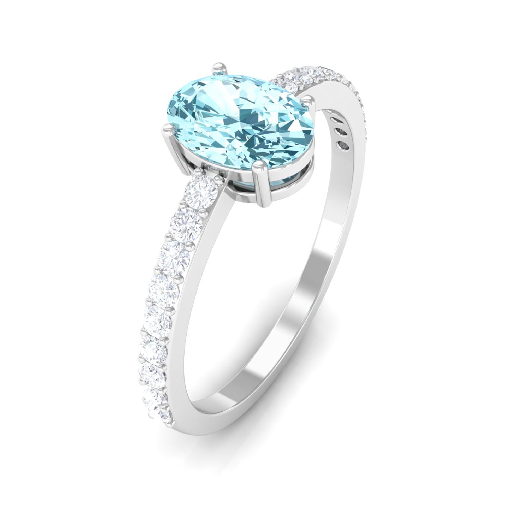 Oval Aquamarine Solitaire Engagement Ring with Diamond Aquamarine - ( AAA ) - Quality - Rosec Jewels