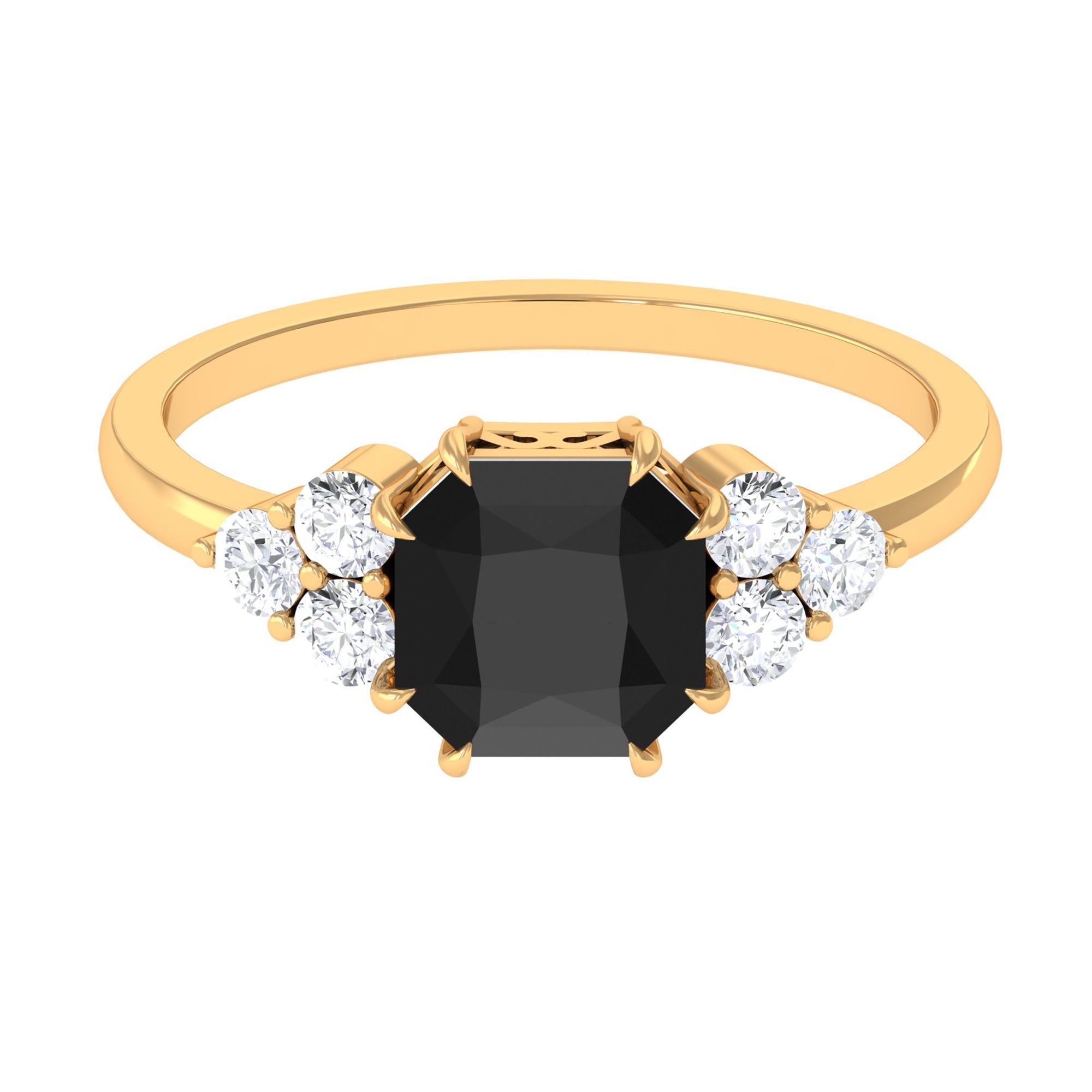 Asscher Cut Created Black Diamond Solitaire Engagement Ring with Diamond Trio Lab Created Black Diamond - ( AAAA ) - Quality - Rosec Jewels