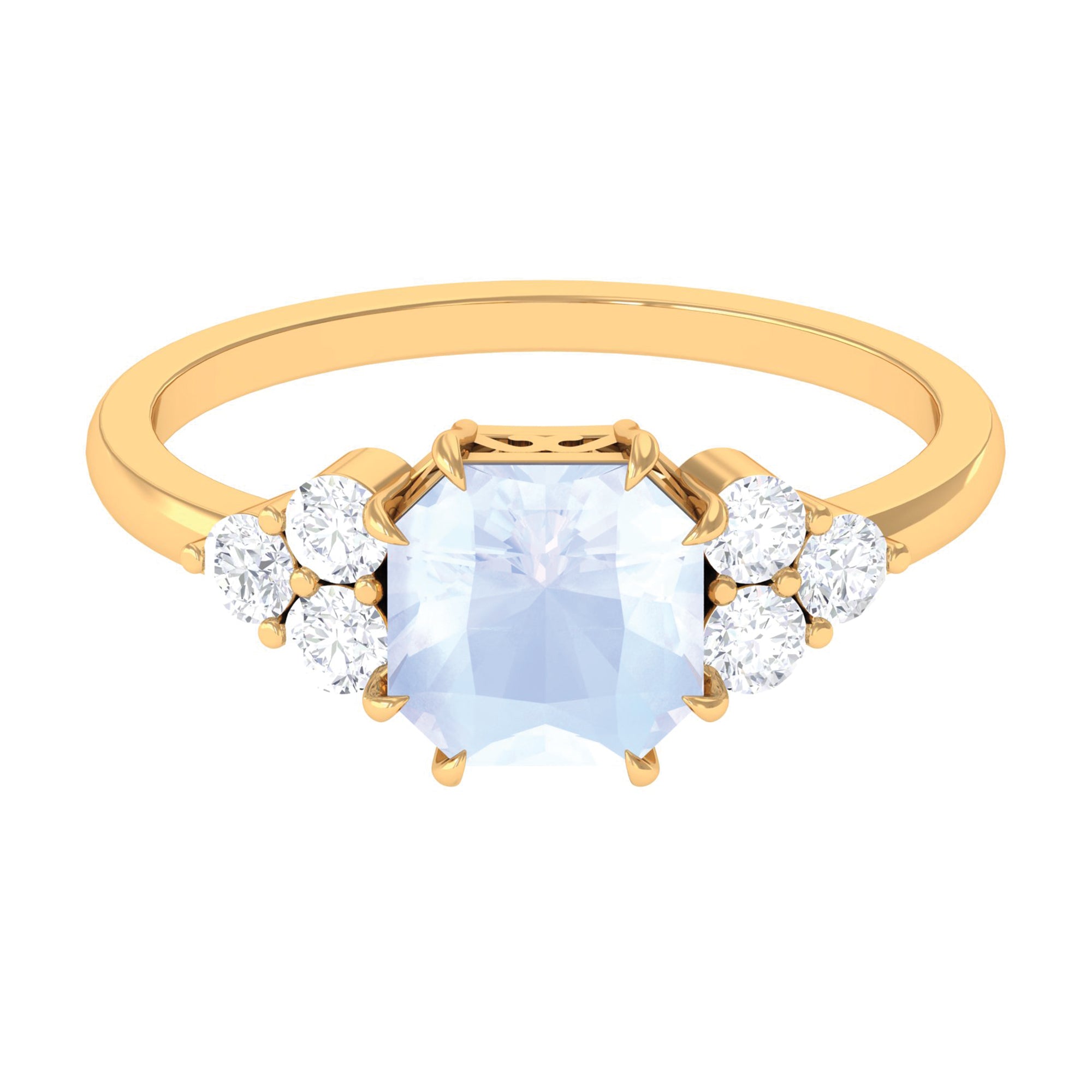 Asscher Cut Moonstone Solitaire Engagement Ring with Diamond Trio Moonstone - ( AAA ) - Quality - Rosec Jewels