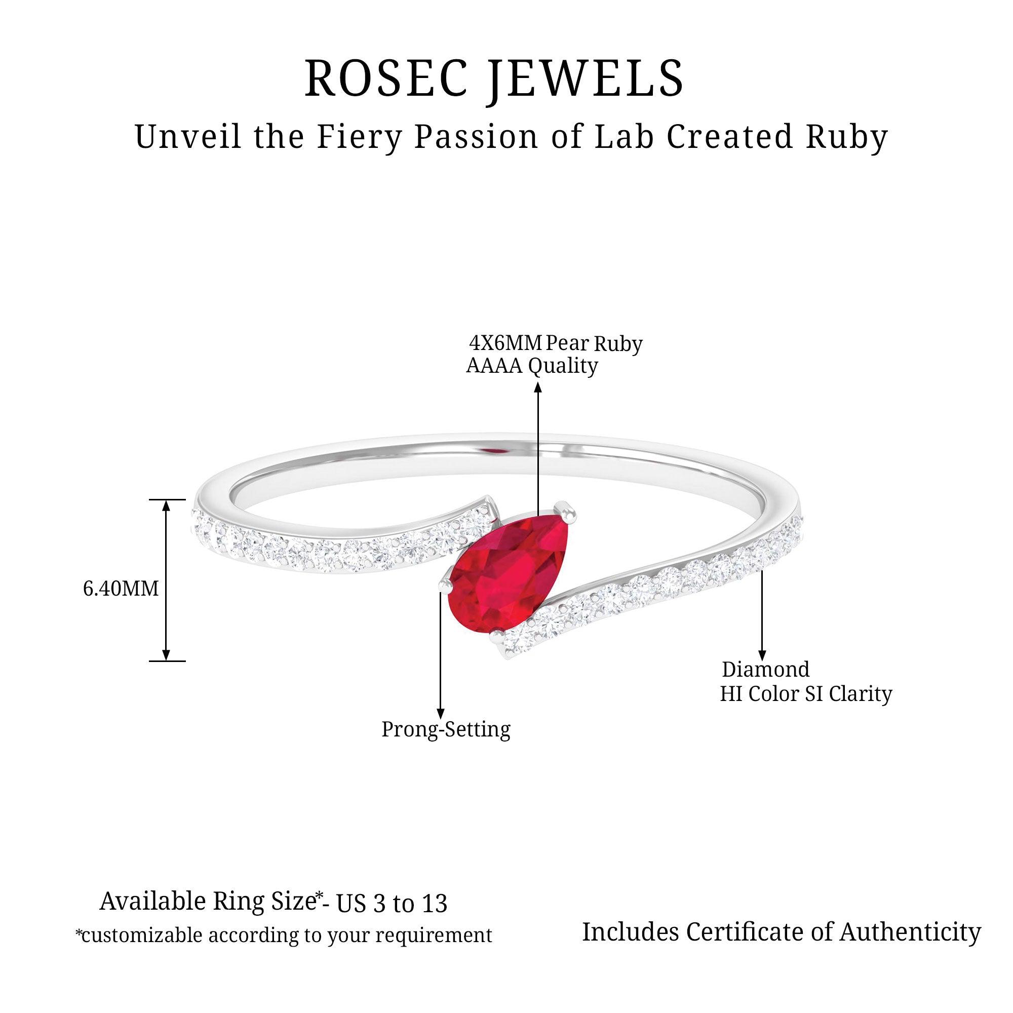 Pear Shape Lab Grown Ruby and Diamond Bypass Promise Ring Lab Created Ruby - ( AAAA ) - Quality - Rosec Jewels