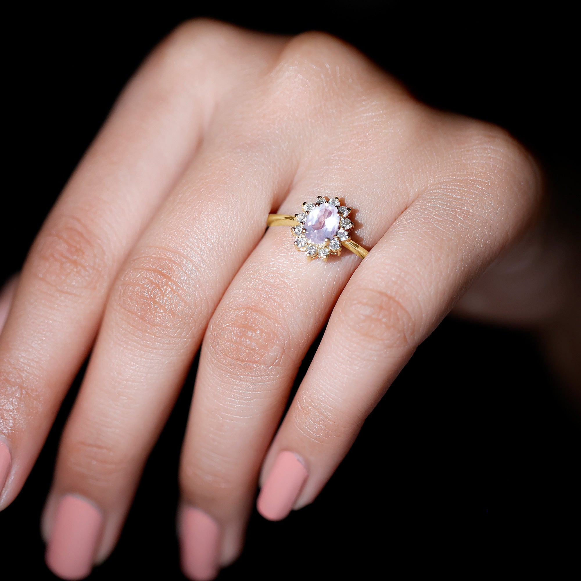 Princess Diana Inspired Rose Quartz Ring with Diamond Halo Rose Quartz - ( AAA ) - Quality - Rosec Jewels