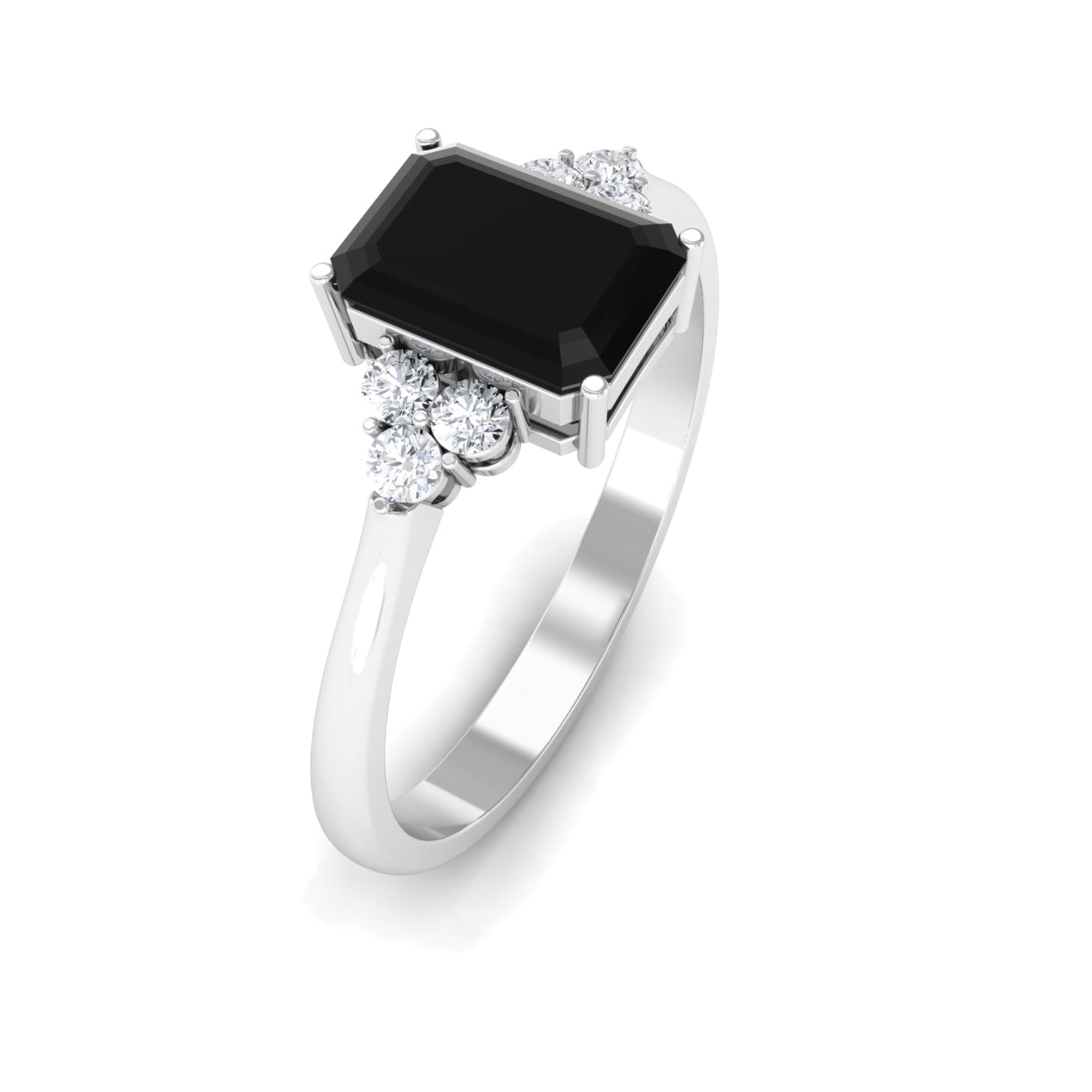 Octagon Created Black Diamond Solitaire Engagement Ring with Diamond Trio Lab Created Black Diamond - ( AAAA ) - Quality - Rosec Jewels