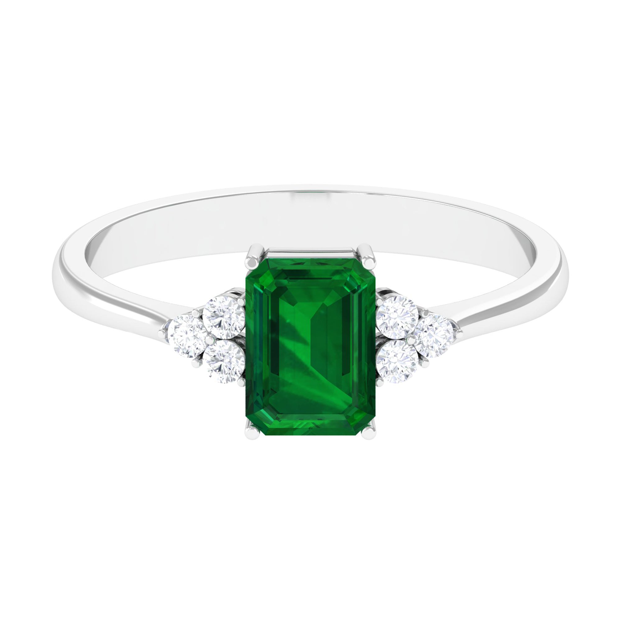 Octagon Created Emerald Solitaire Engagement Ring with Diamond Trio Lab Created Emerald - ( AAAA ) - Quality - Rosec Jewels