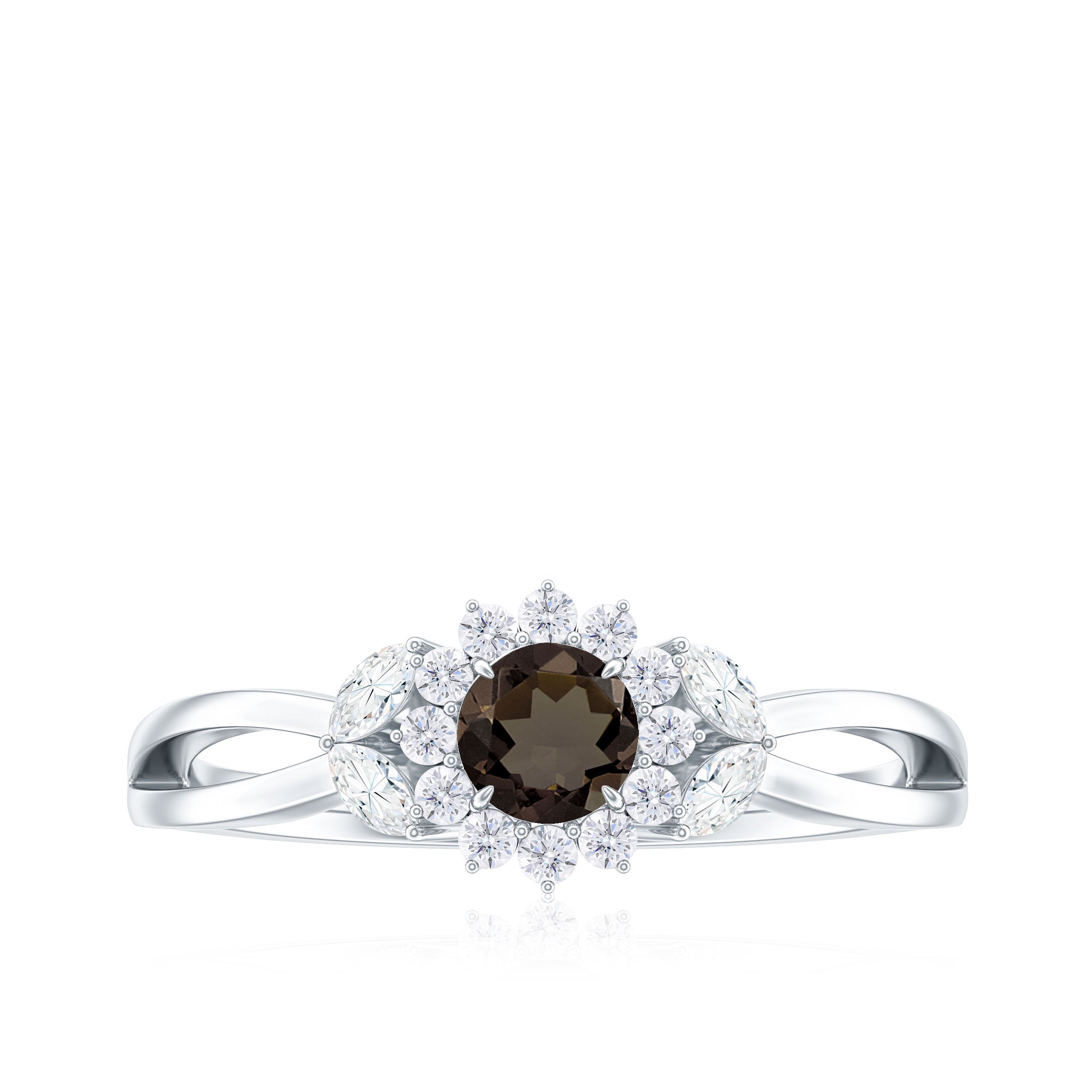 Split Shank Smoky Quartz Flower Engagement Ring with Diamond Smoky Quartz - ( AAA ) - Quality - Rosec Jewels