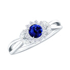 Created Blue Sapphire and Diamond Flower Engagement Ring with Split Shank Lab Created Blue Sapphire - ( AAAA ) - Quality - Rosec Jewels