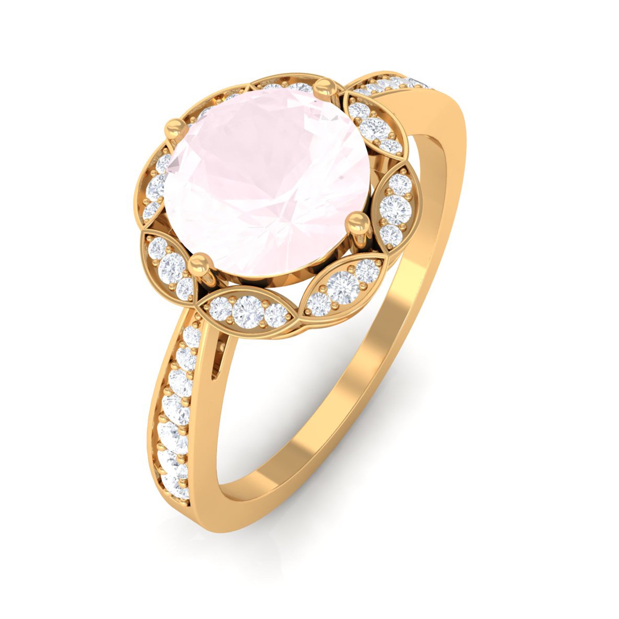 Round Rose Quartz and Diamond Designer Halo Engagement Ring Rose Quartz - ( AAA ) - Quality - Rosec Jewels