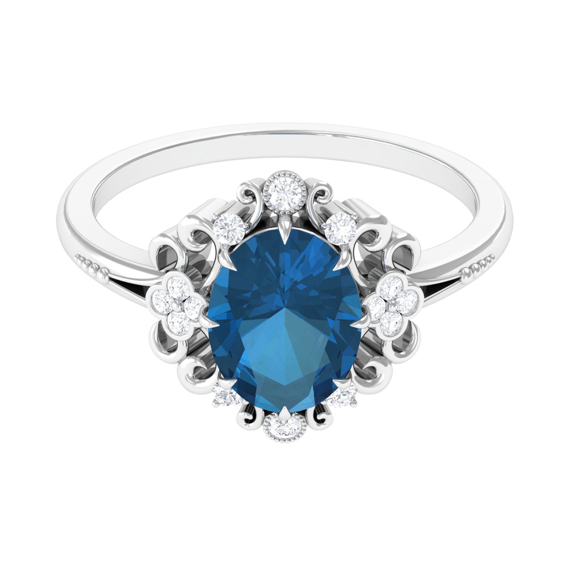 Vintage Inspired London Blue Topaz Engagement Ring with Diamond London Blue Topaz - ( AAA ) - Quality - Rosec Jewels