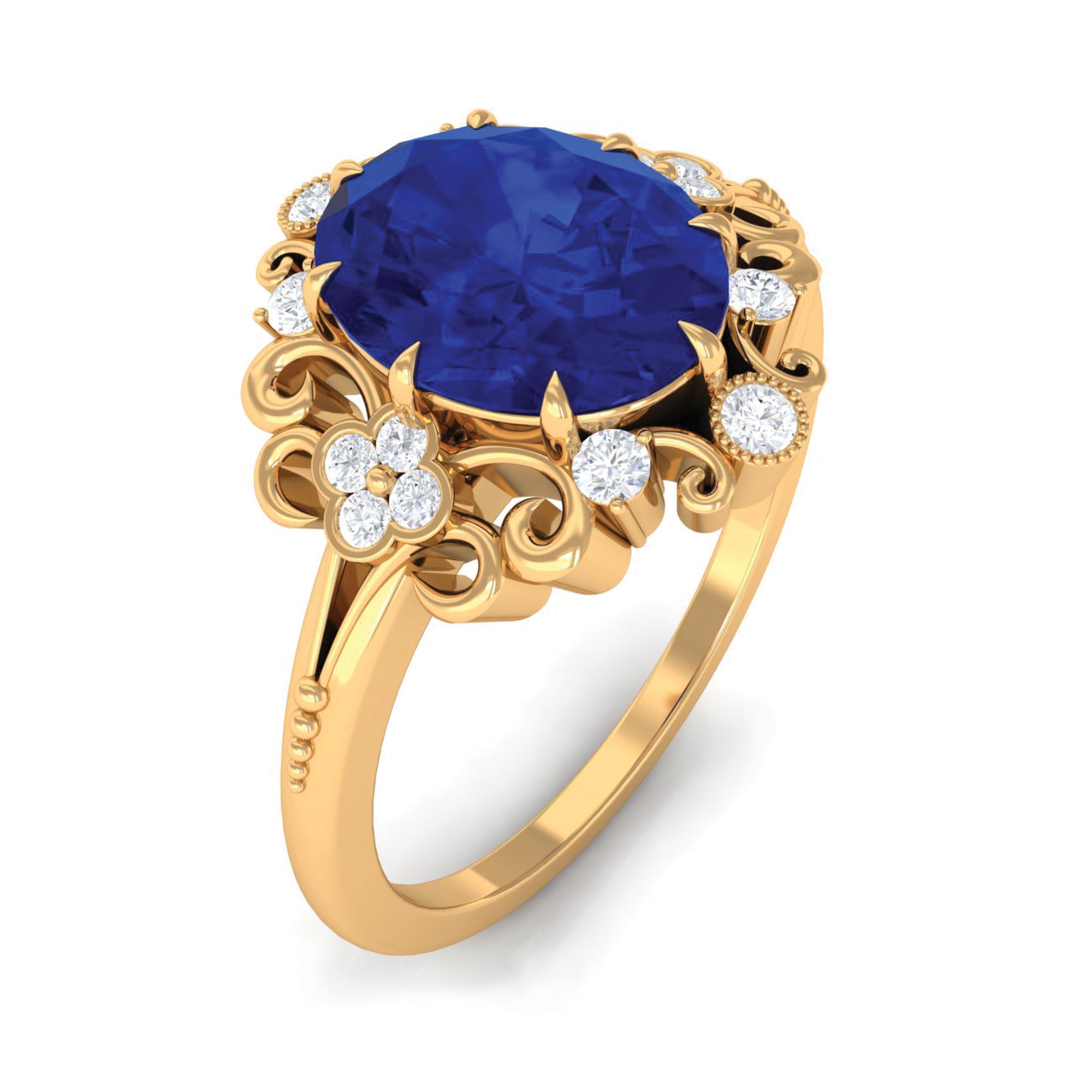 Vintage Inspired Created Blue Sapphire Engagement Ring with Diamond Lab Created Blue Sapphire - ( AAAA ) - Quality - Rosec Jewels