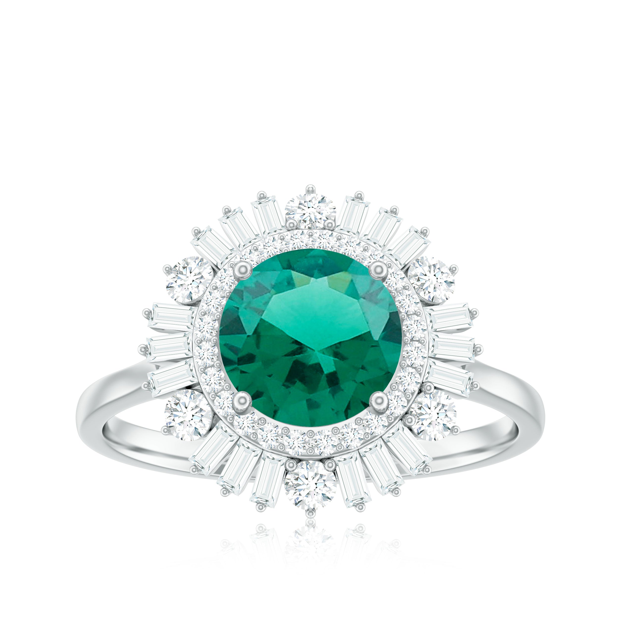 Round Created Emerald Cocktail Ring with Moissanite Double Halo Lab Created Emerald - ( AAAA ) - Quality - Rosec Jewels