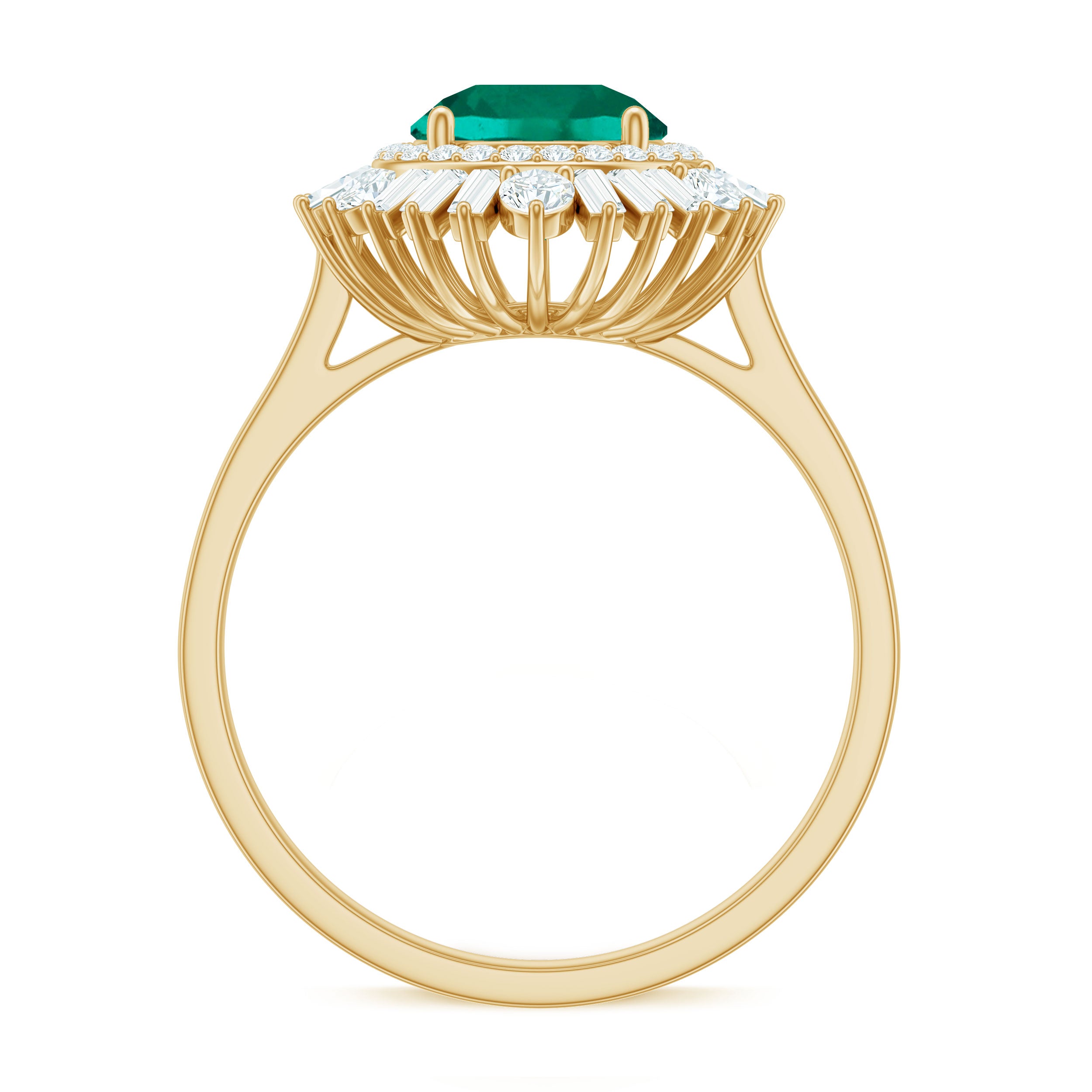 Round Created Emerald Cocktail Ring with Moissanite Double Halo Lab Created Emerald - ( AAAA ) - Quality - Rosec Jewels