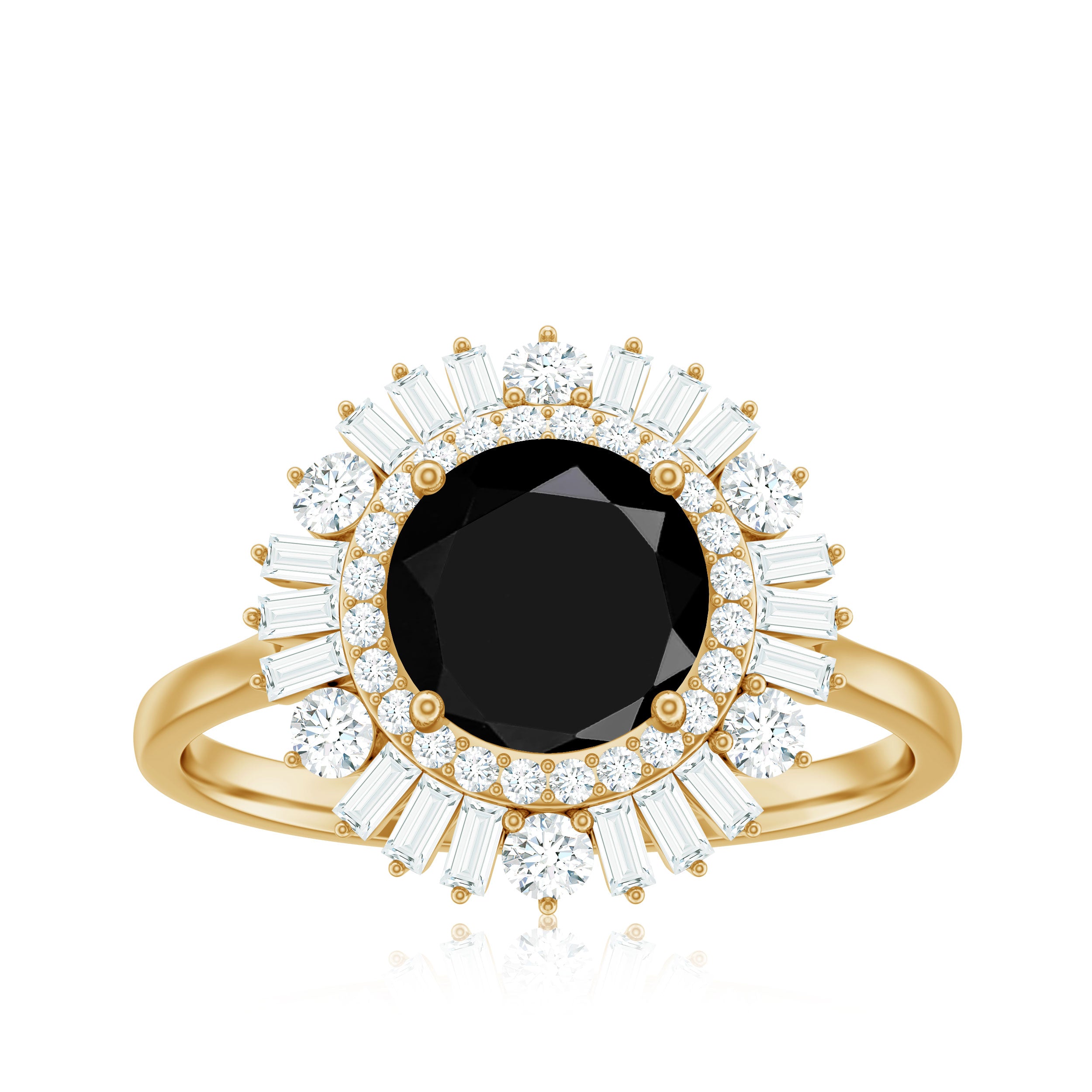 Black Onyx Cocktail Engagement Ring with Moissanite Double Halo Black Onyx - ( AAA ) - Quality - Rosec Jewels