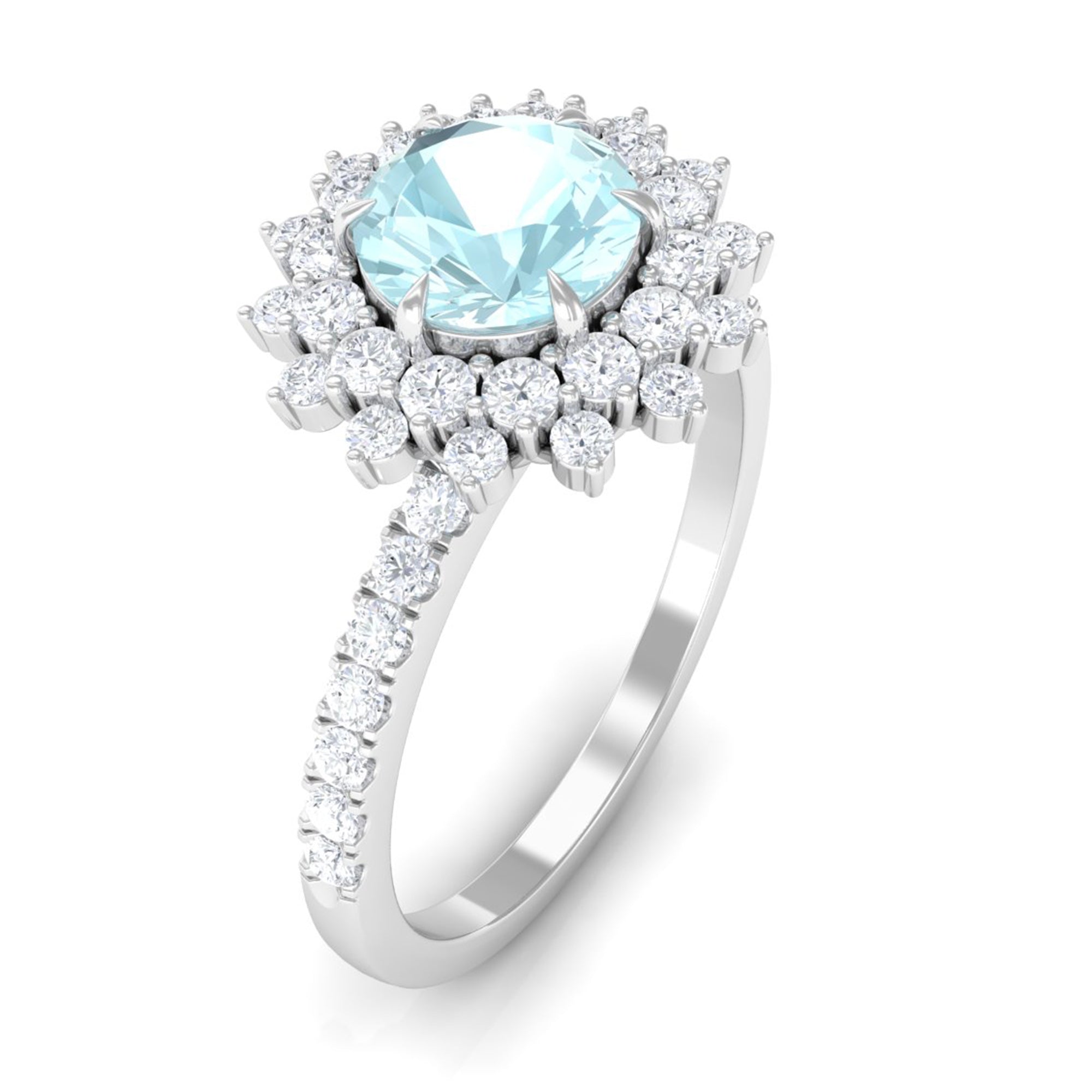 Round Sky Blue Topaz Statement Engagement Ring with Moissanite Cluster Halo Sky Blue Topaz - ( AAA ) - Quality - Rosec Jewels