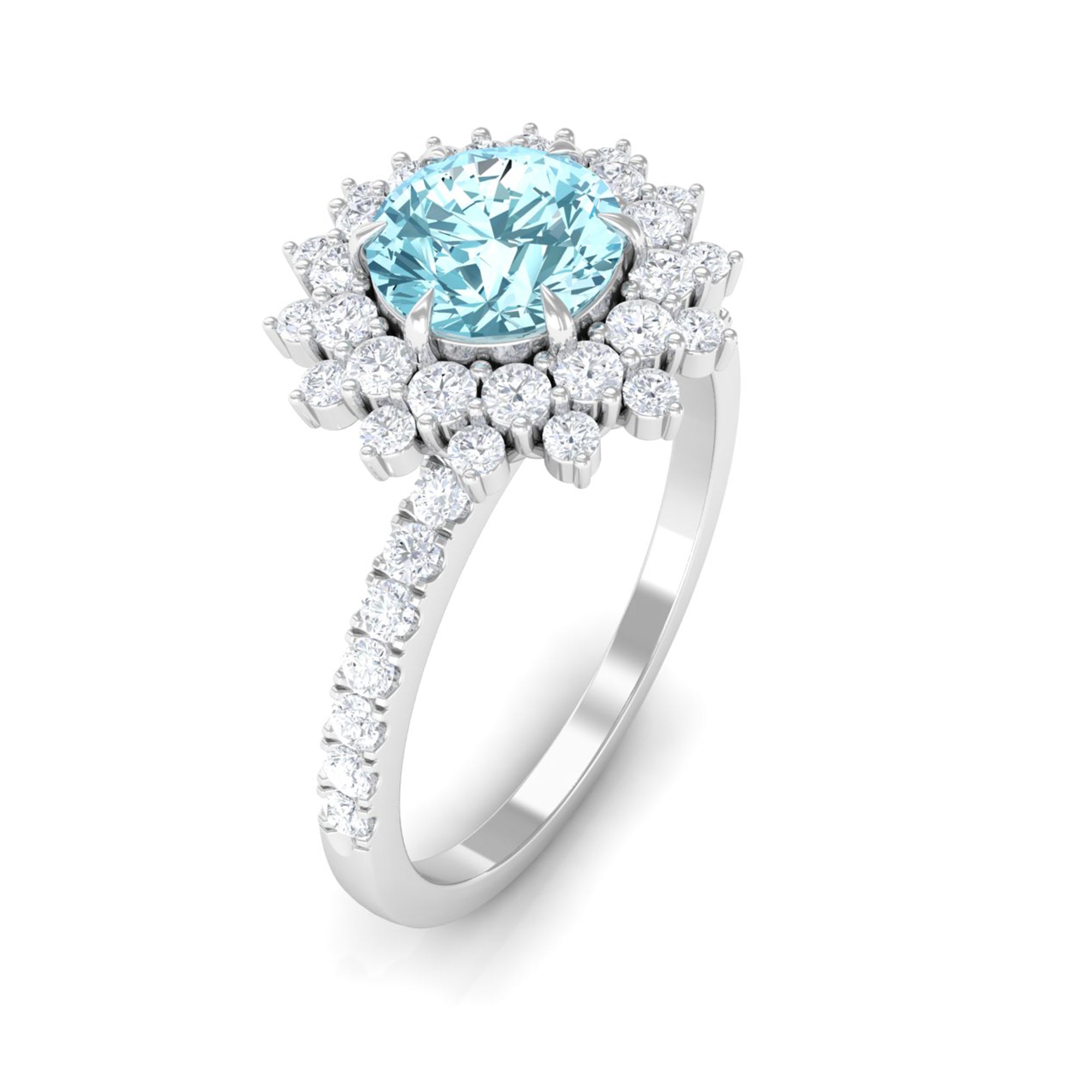 2 CT Round Aquamarine Statement Engagement Ring with Moissanite Aquamarine - ( AAA ) - Quality - Rosec Jewels