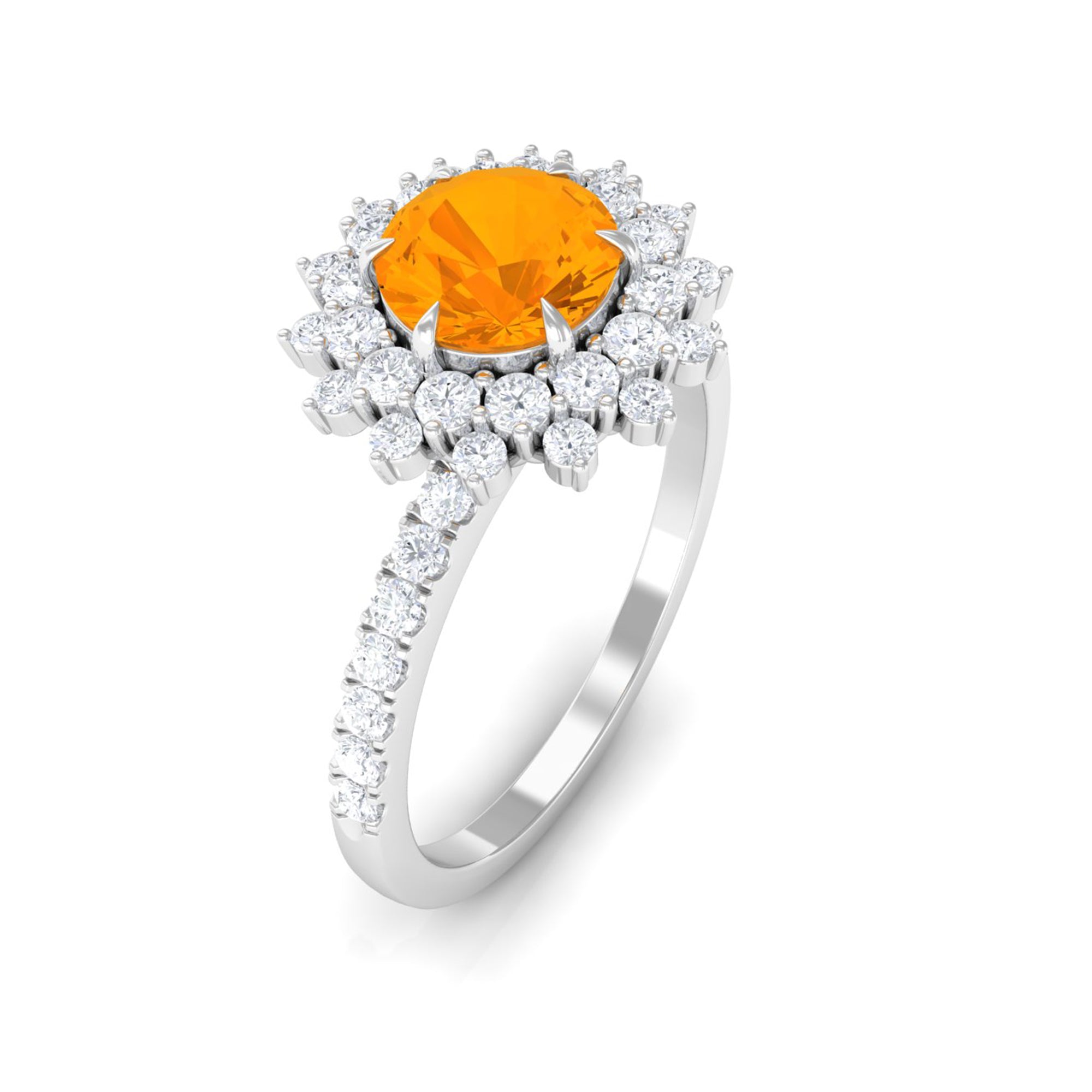 Round Fire Opal Statement Engagement Ring with Moissanite Fire Opal - ( AAA ) - Quality - Rosec Jewels