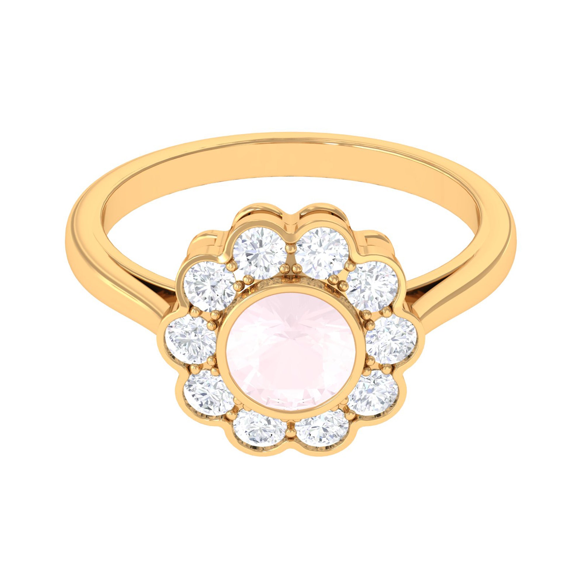 Bezel Set Round Rose Quartz Halo Engagement Ring with Diamond Rose Quartz - ( AAA ) - Quality - Rosec Jewels