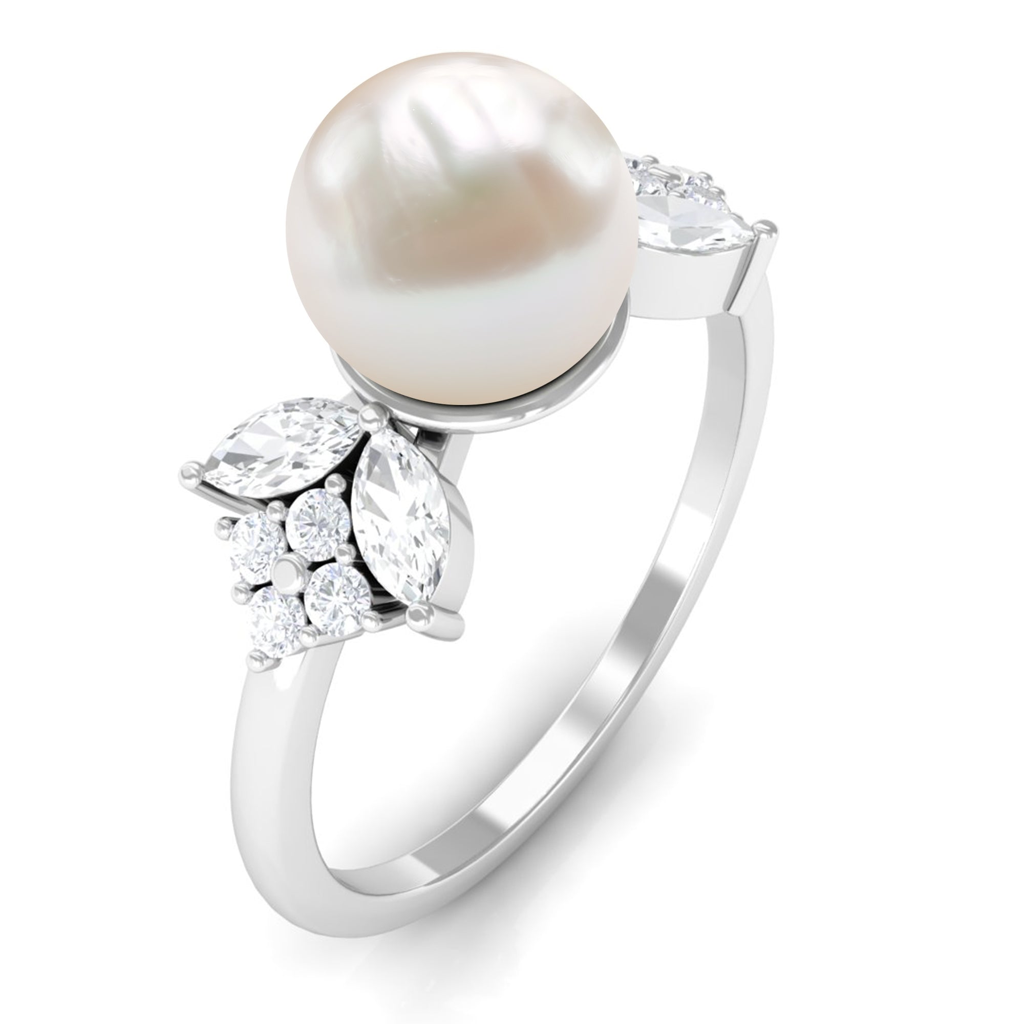 Nature Inspired Freshwater Pearl Solitaire Ring with Diamond Freshwater Pearl - ( AAA ) - Quality - Rosec Jewels