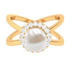 Freshwater Pearl Criss Cross Engagement Ring with Diamond Halo Freshwater Pearl - ( AAA ) - Quality - Rosec Jewels