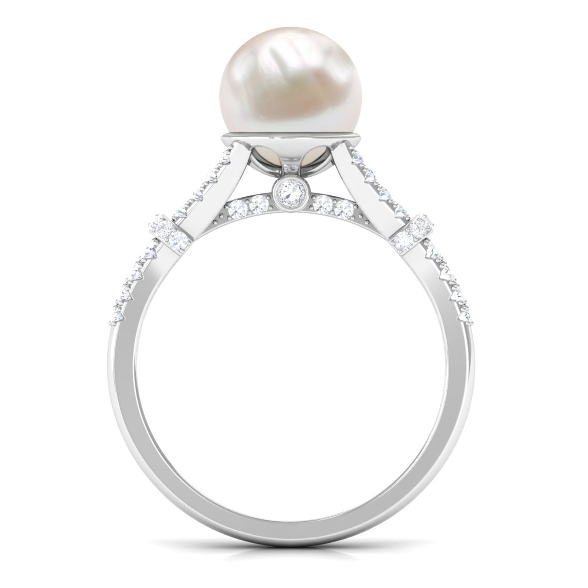 Natural White Freshwater Pearl Solitaire Engagement Ring with Diamond Freshwater Pearl - ( AAA ) - Quality - Rosec Jewels