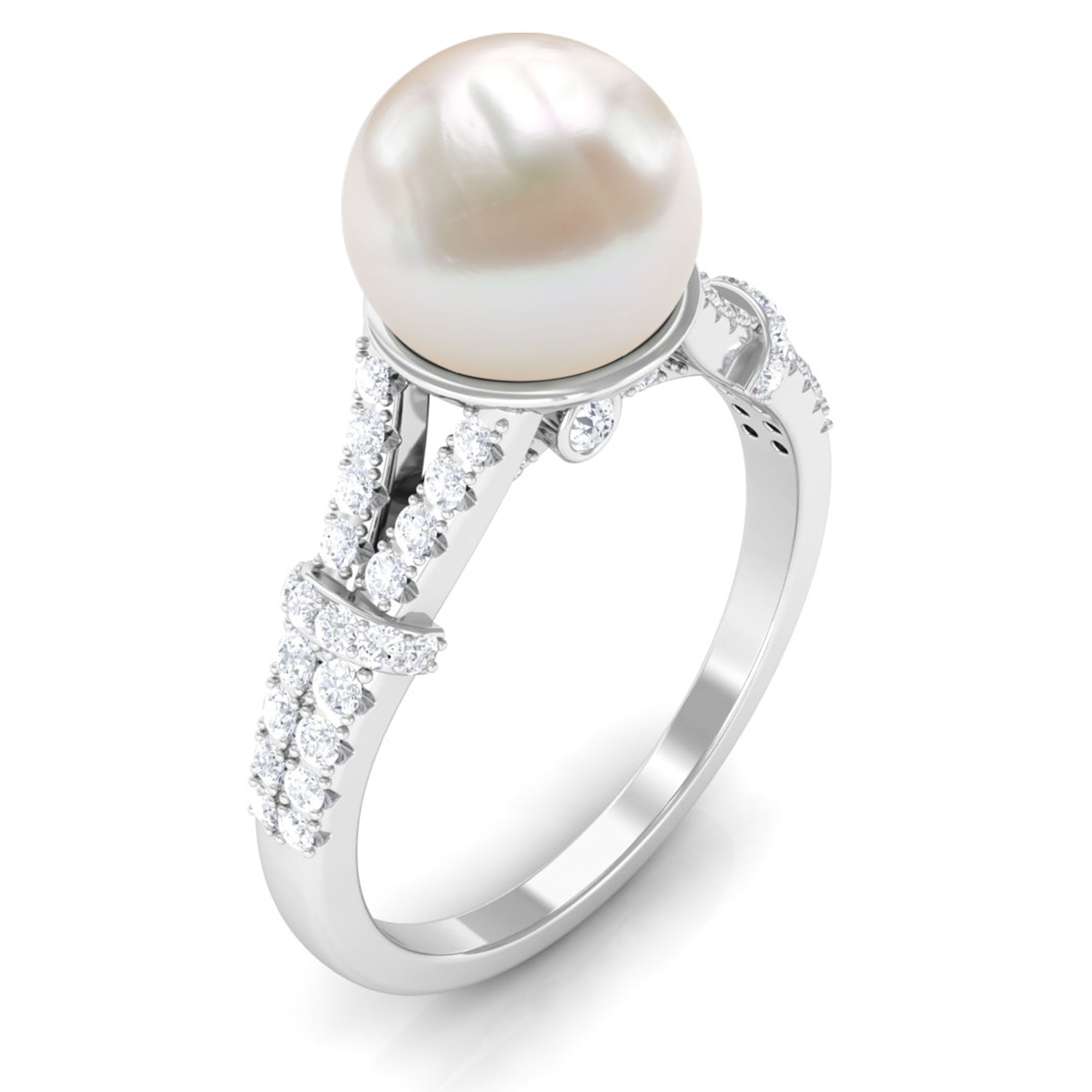 Natural White Freshwater Pearl Solitaire Engagement Ring with Diamond Freshwater Pearl - ( AAA ) - Quality - Rosec Jewels