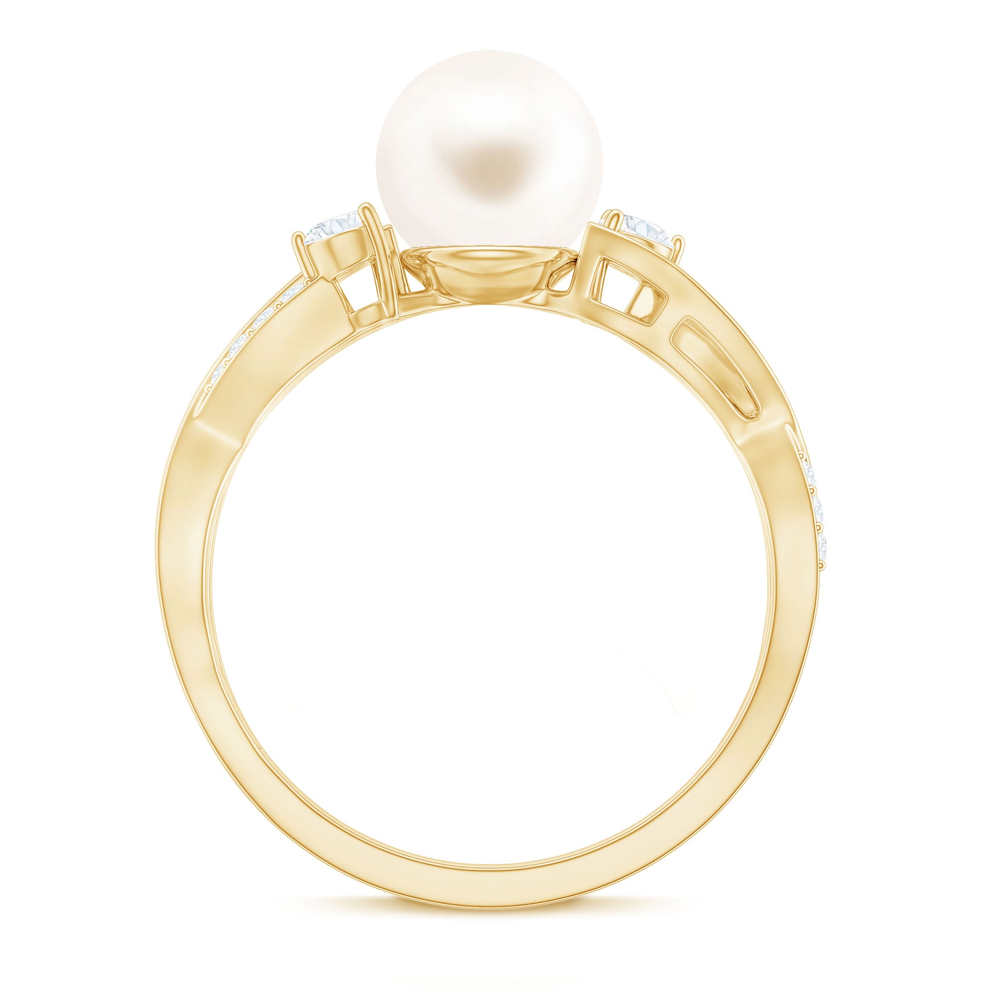 Real Freshwater Pearl Solitaire Crossover Ring with Diamond Freshwater Pearl - ( AAA ) - Quality - Rosec Jewels