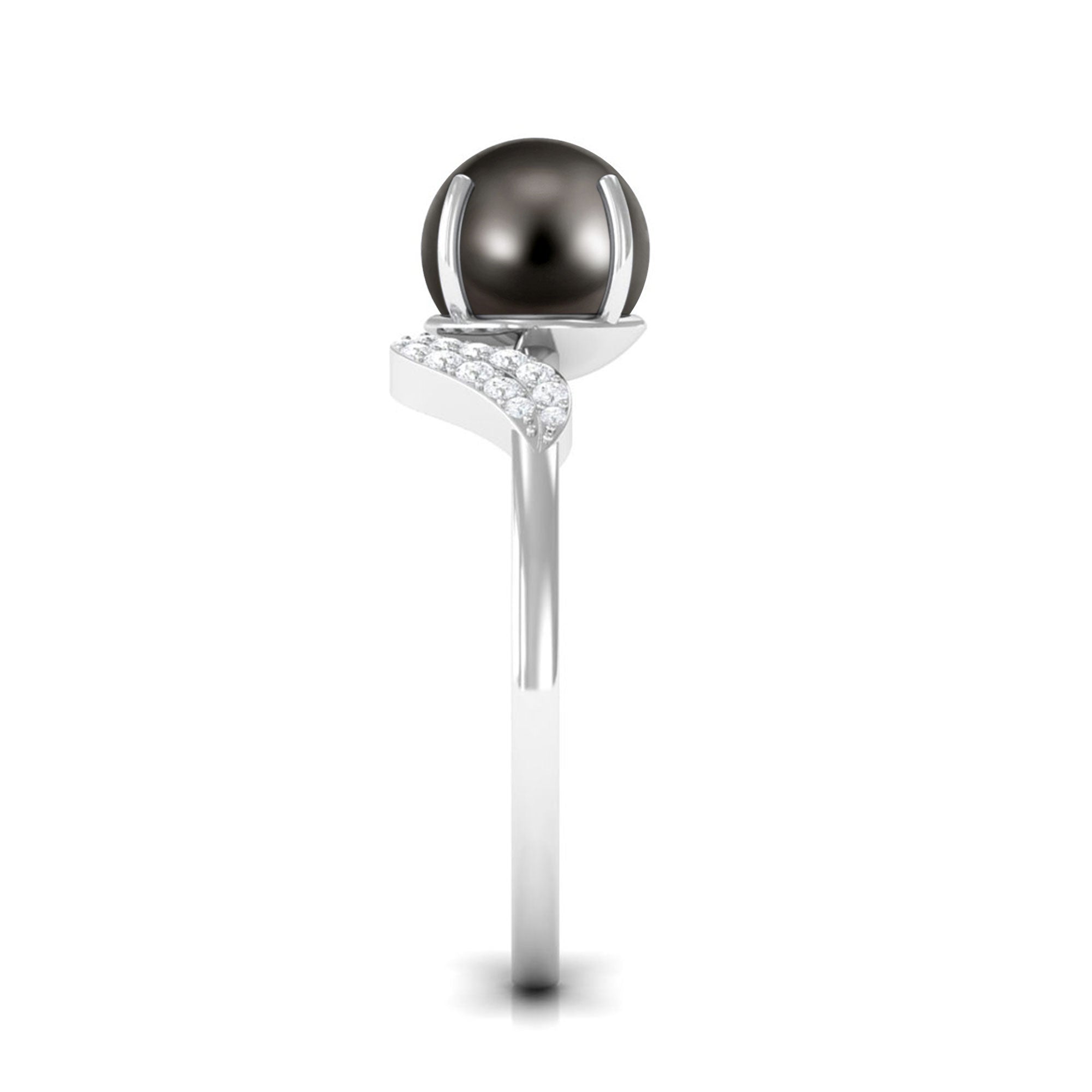 Classic Tahitian Pearl Solitaire Engagement Ring with Diamond Leaf Tahitian pearl - ( AAA ) - Quality - Rosec Jewels