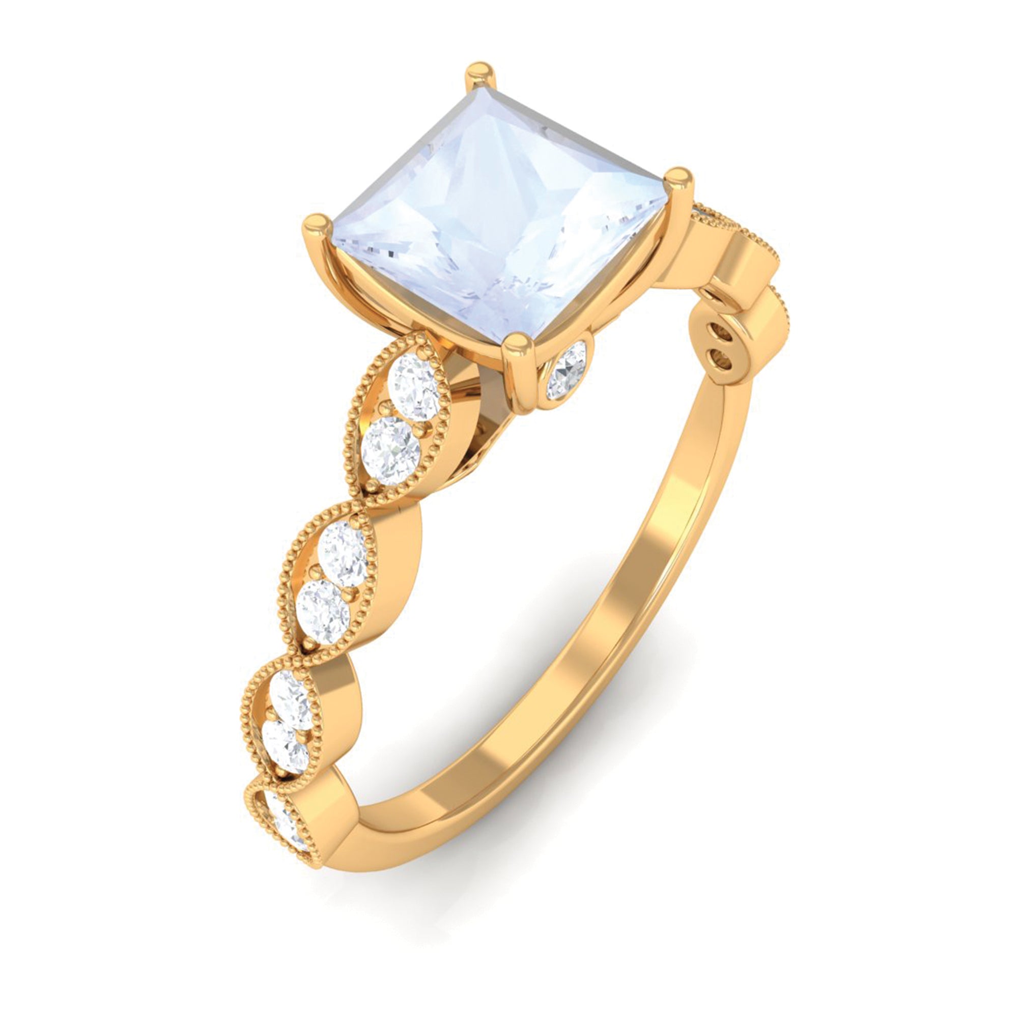 1 CT Princess Cut Moonstone Solitaire Ring with Diamond Side Stones Moonstone - ( AAA ) - Quality - Rosec Jewels