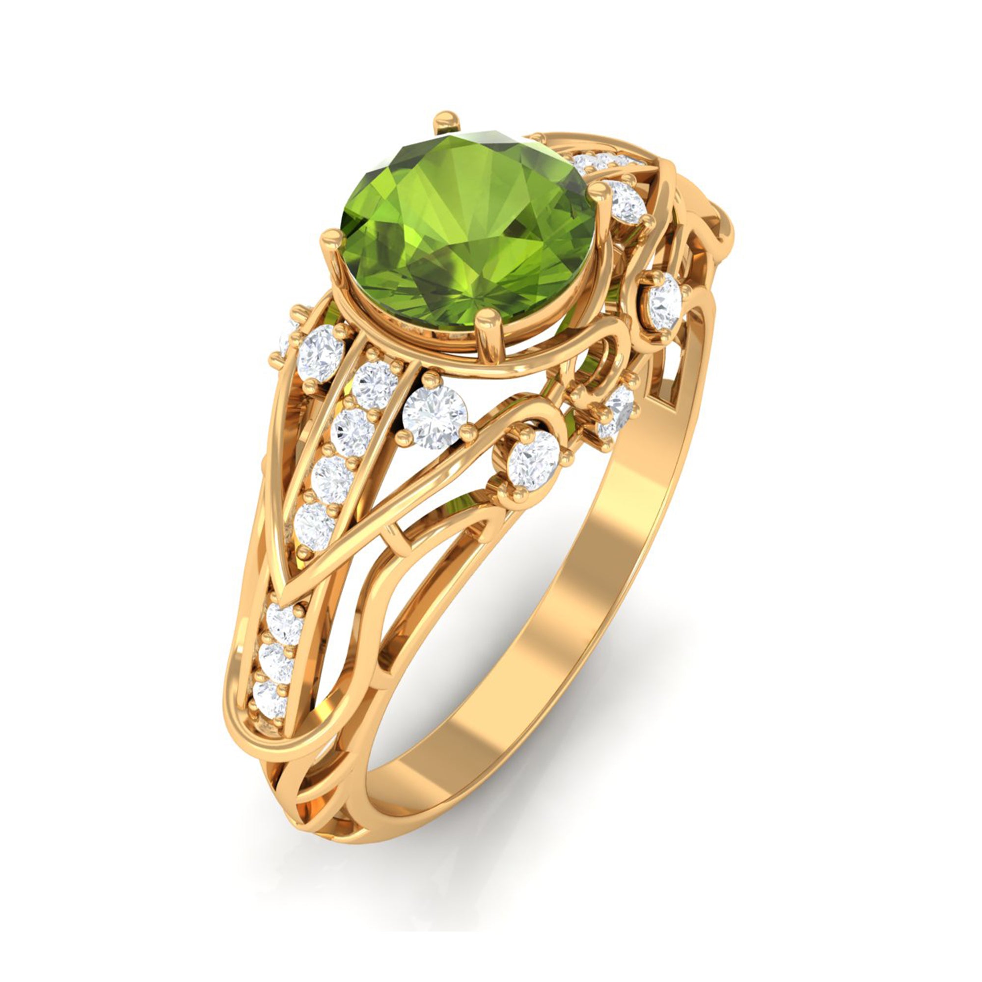 Antique Style Round Peridot Engagement Ring with Diamond Peridot - ( AAA ) - Quality - Rosec Jewels