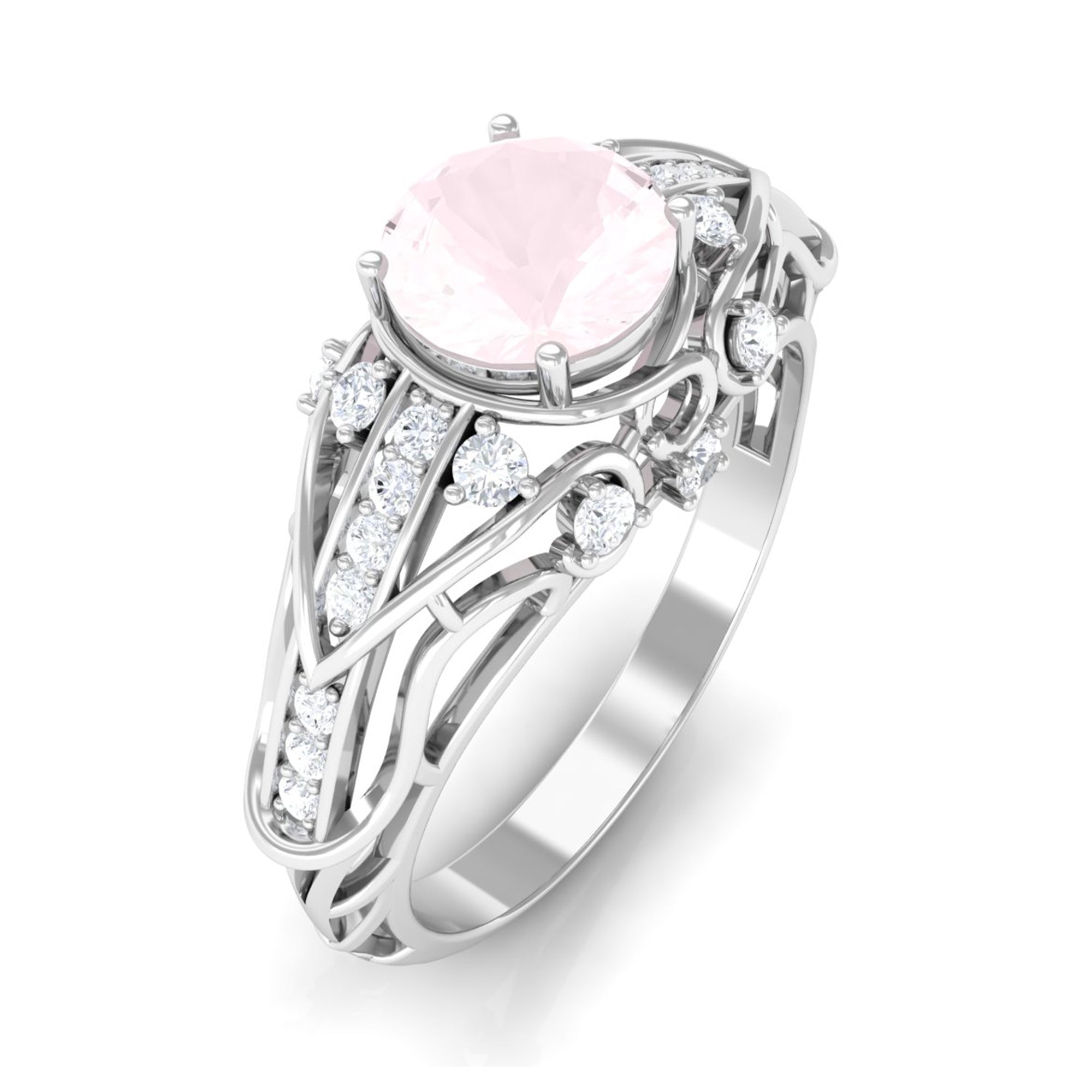 Antique Style Round Rose Quartz Engagement Ring with Diamond Rose Quartz - ( AAA ) - Quality - Rosec Jewels