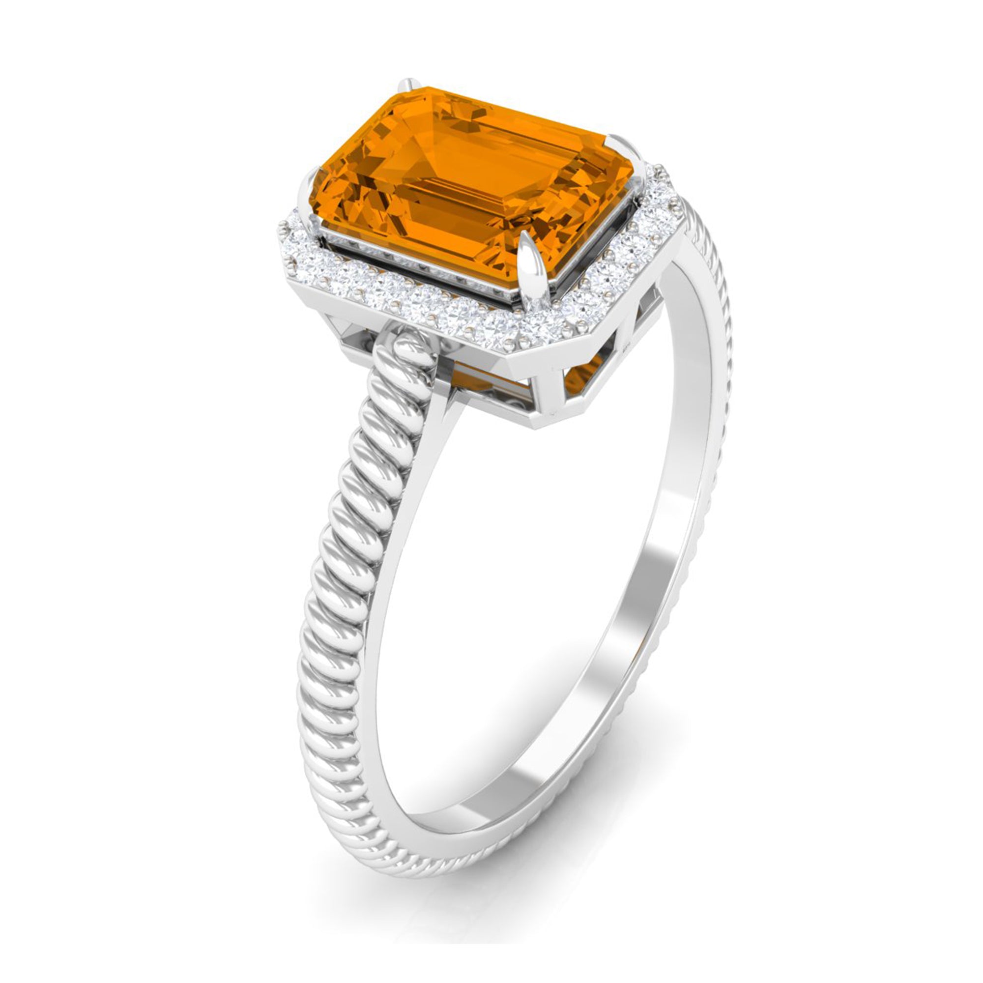 2 CT Emerald Cut Citrine Solitaire Engagement Ring with Diamond Halo Citrine - ( AAA ) - Quality - Rosec Jewels