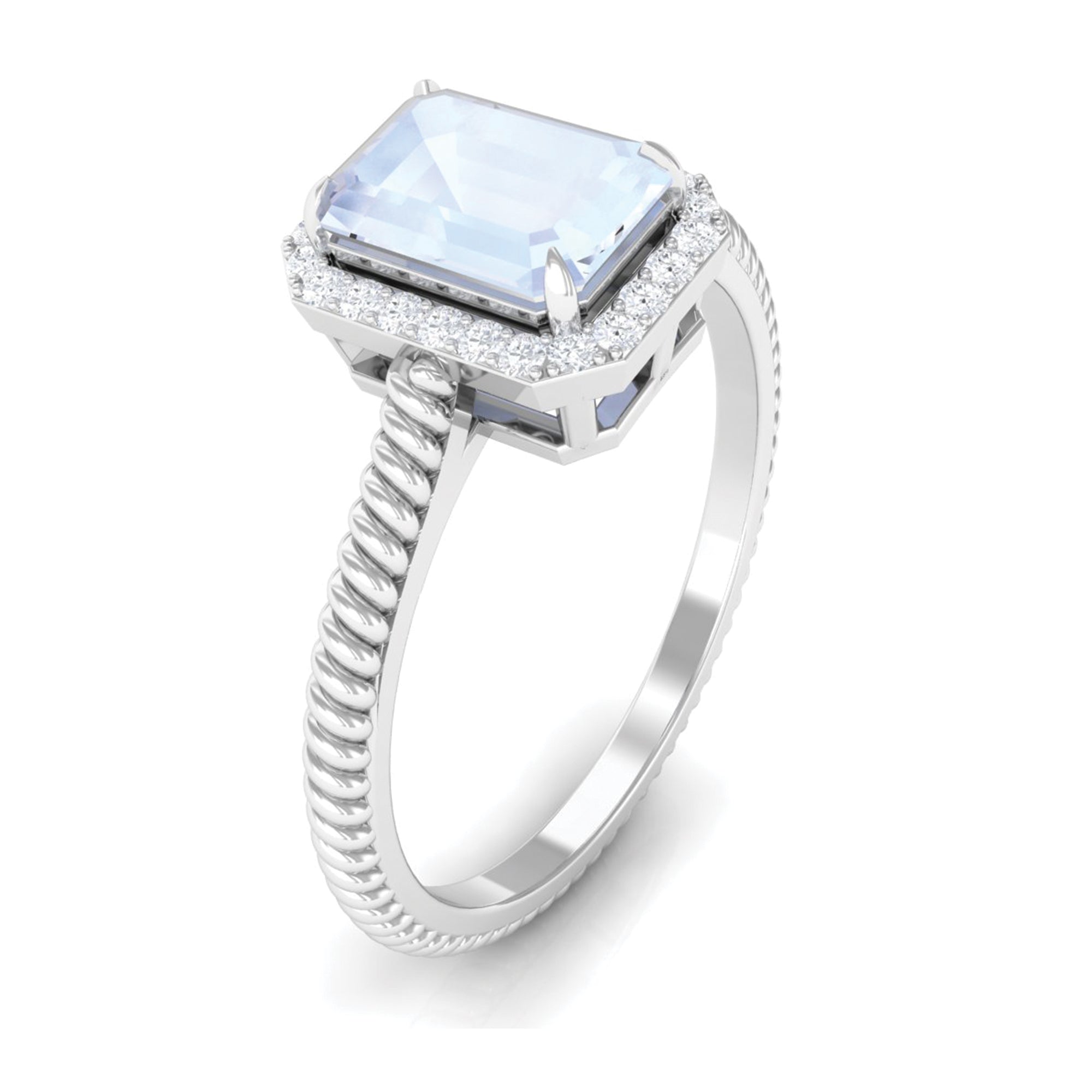 Emerald Cut Moonstone and Diamond Halo Ring Moonstone - ( AAA ) - Quality - Rosec Jewels