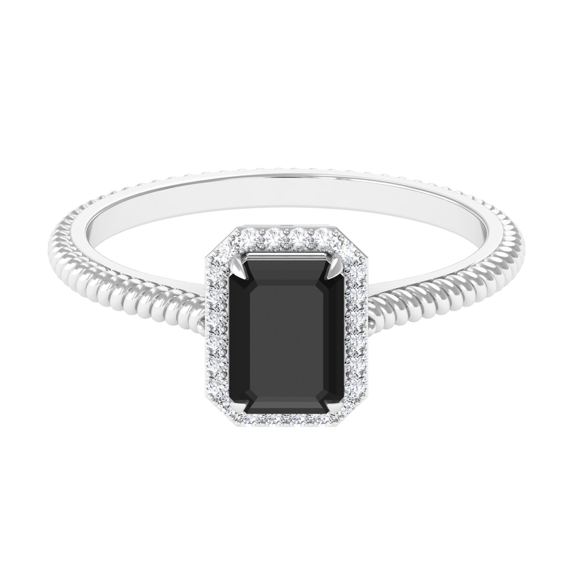 Emerald Cut Black Spinel and Diamond Halo Ring with Twisted Rope Black Spinel - ( AAA ) - Quality - Rosec Jewels