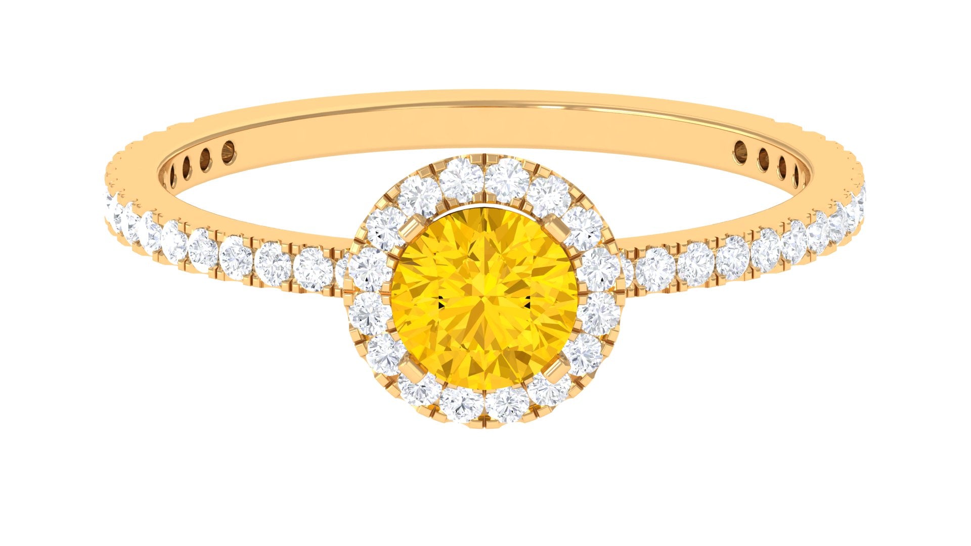 Round Shape Yellow Sapphire Halo Engagement Ring with Diamond Yellow Sapphire - ( AAA ) - Quality - Rosec Jewels