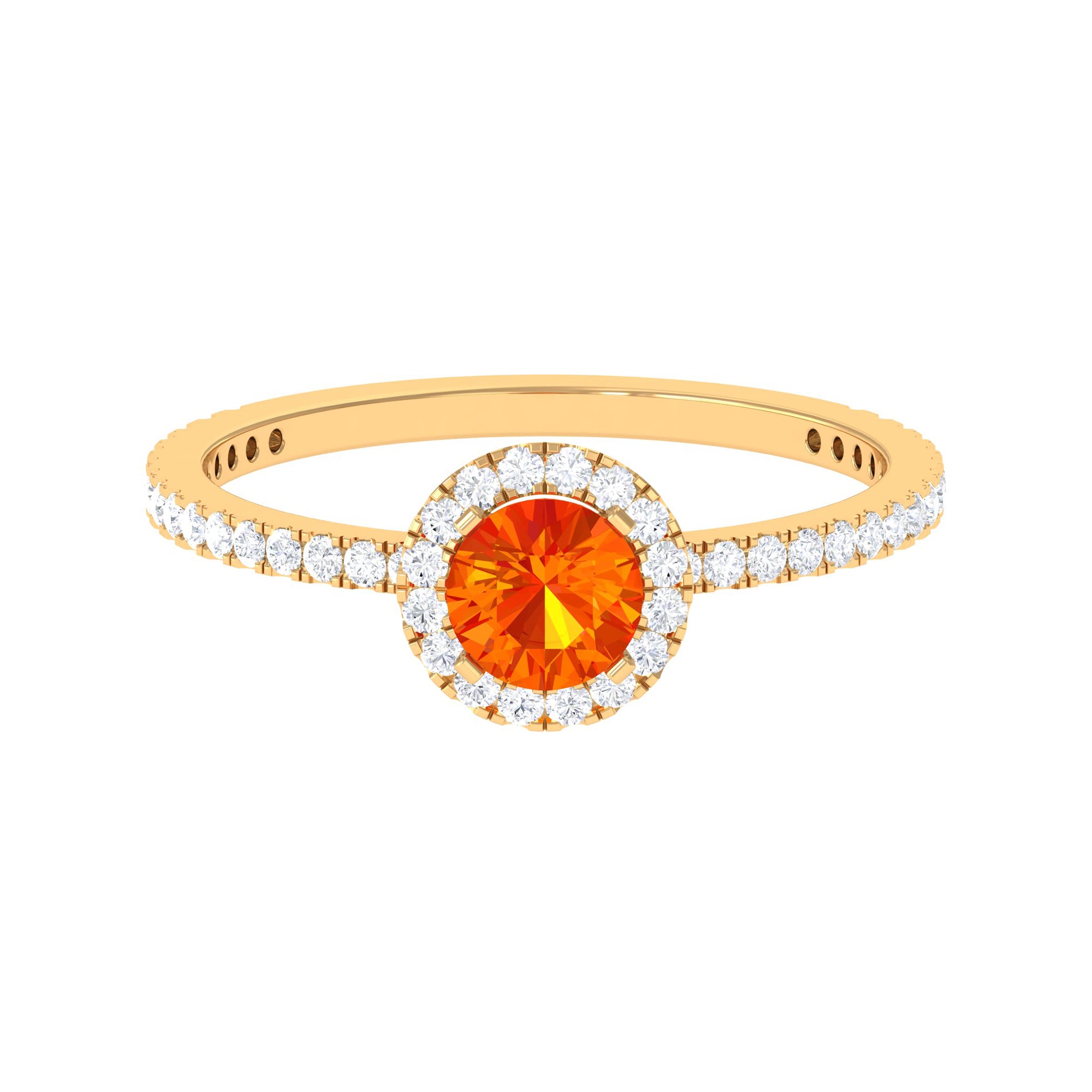 Round Orange Sapphire Halo Engagement Ring with Diamond Orange Sapphire - ( AAA ) - Quality - Rosec Jewels