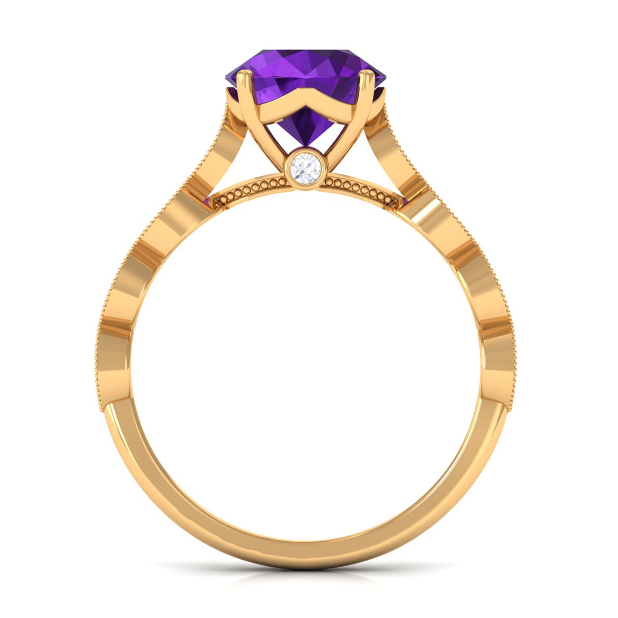 Amethyst and Diamond Solitaire Engagement Ring with Milgrain Details Amethyst - ( AAA ) - Quality - Rosec Jewels