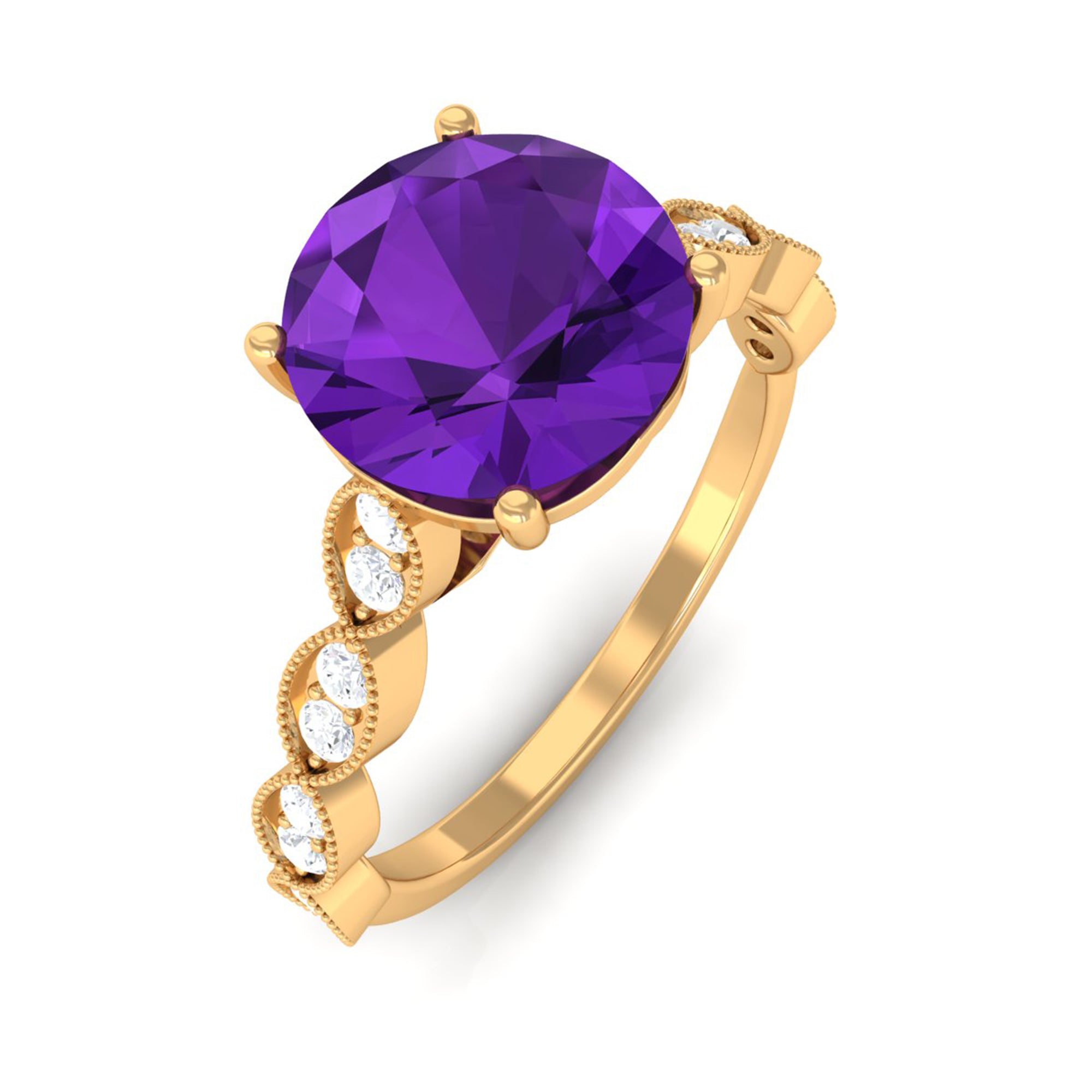 Amethyst and Diamond Solitaire Engagement Ring with Milgrain Details Amethyst - ( AAA ) - Quality - Rosec Jewels