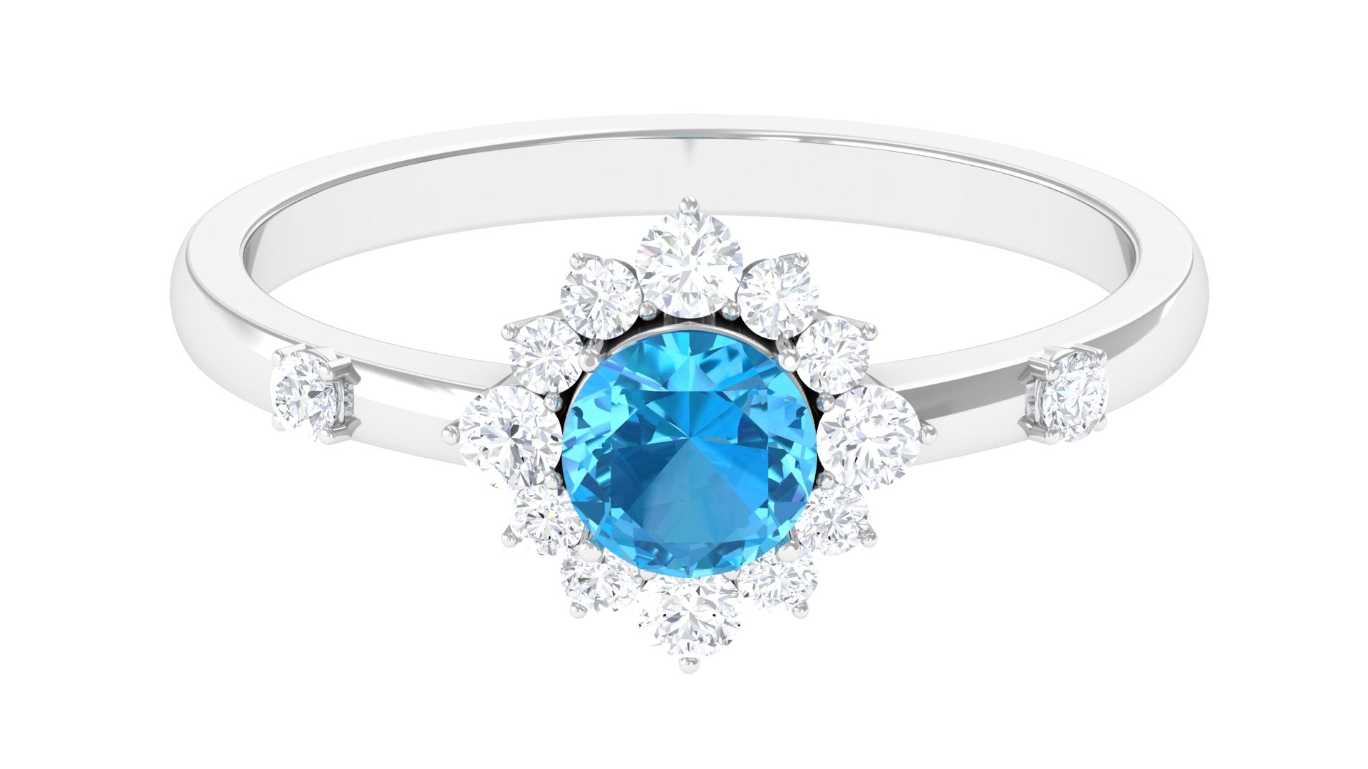 1 CT Round Swiss Blue Topaz and Diamond Halo Engagement Ring Swiss Blue Topaz - ( AAA ) - Quality - Rosec Jewels