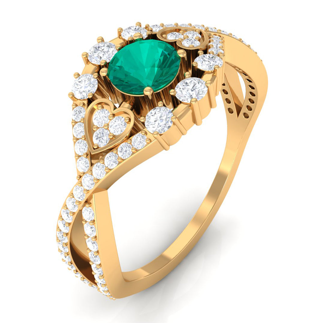 Real Emerald Crossover Engagement Ring with Diamond Emerald - ( AAA ) - Quality - Rosec Jewels