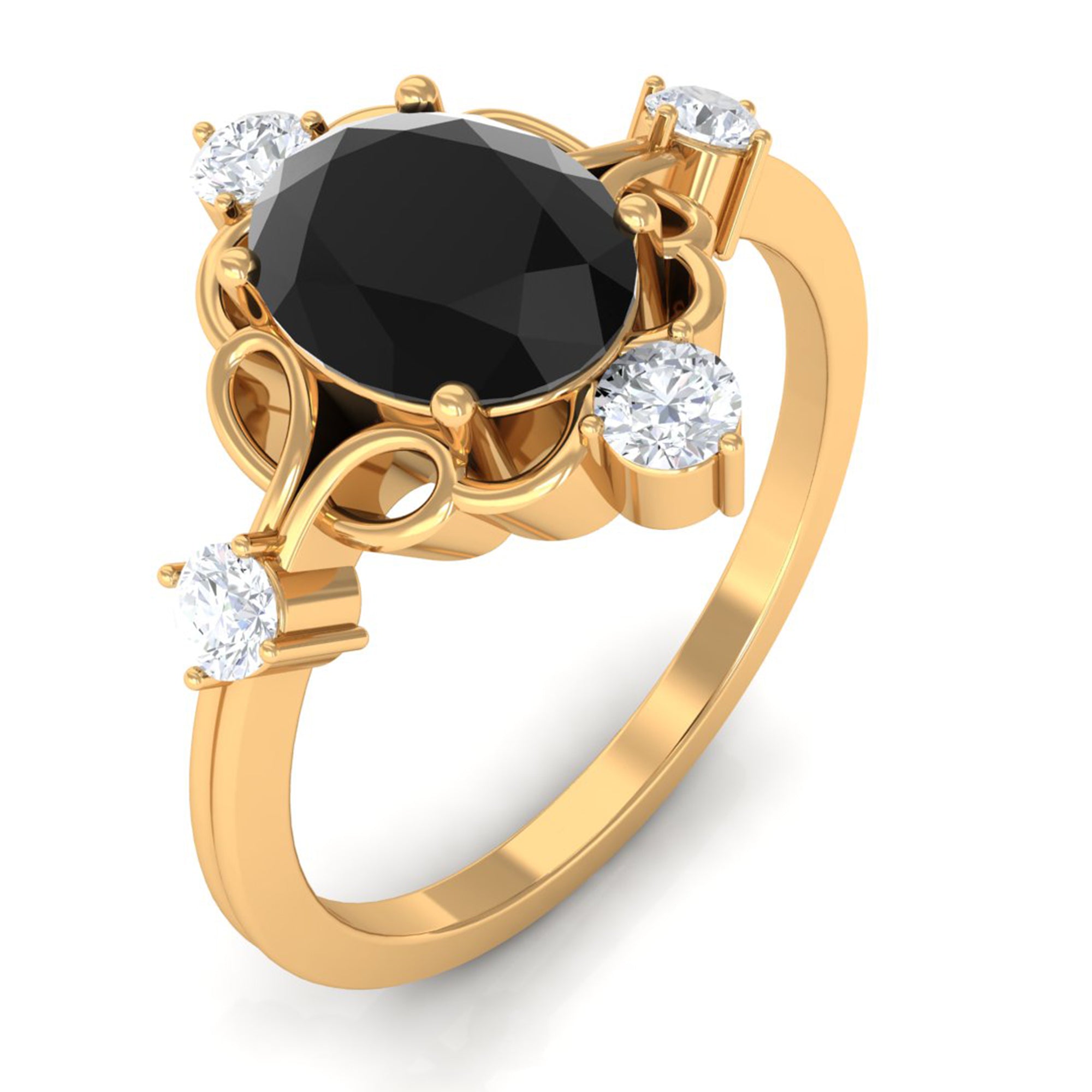 Oval Cut Solitaire Created Black Diamond Engagement Ring with Diamond Lab Created Black Diamond - ( AAAA ) - Quality - Rosec Jewels