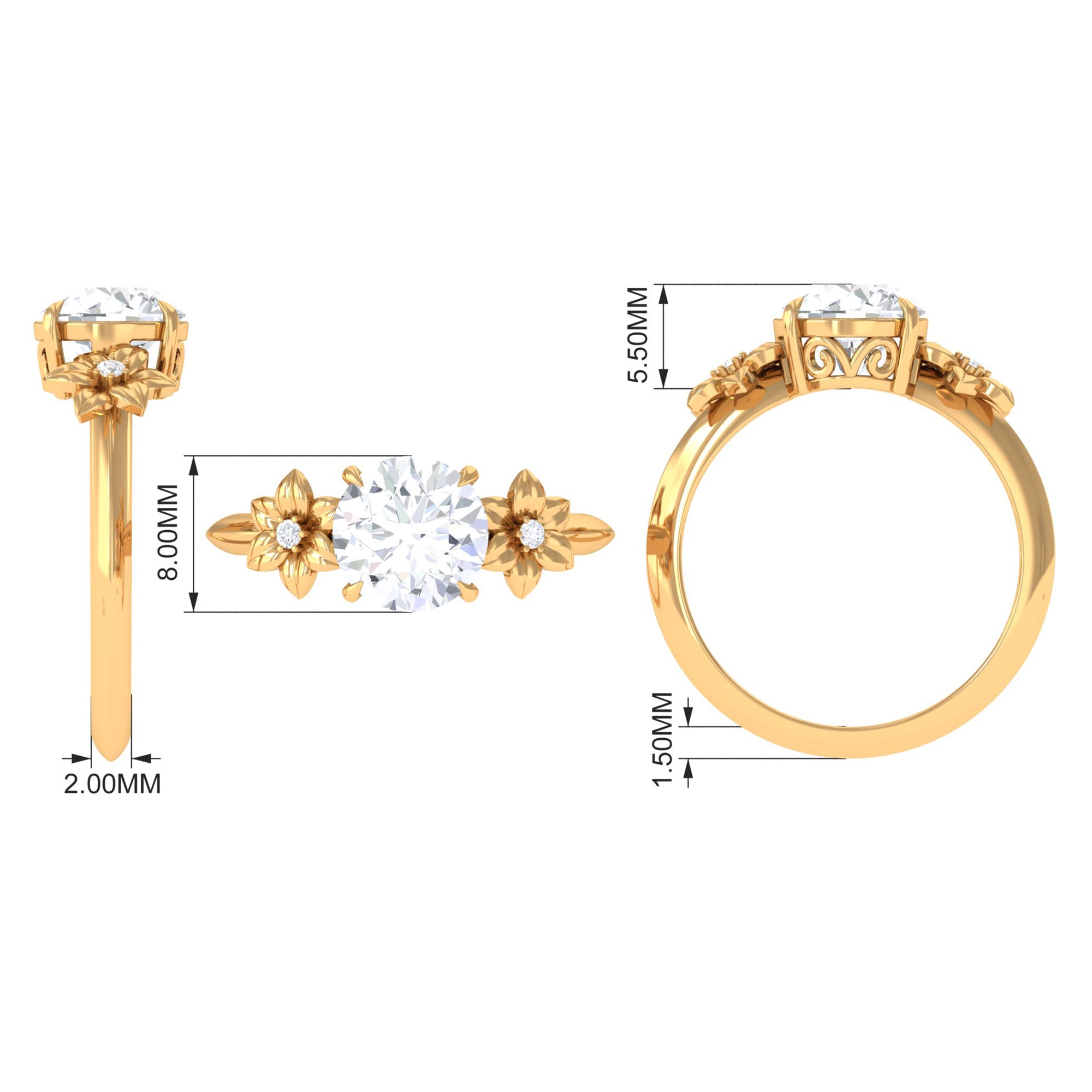 Round Zircon Solitaire Gold Flower Engagement Ring Zircon - ( AAAA ) - Quality - Rosec Jewels