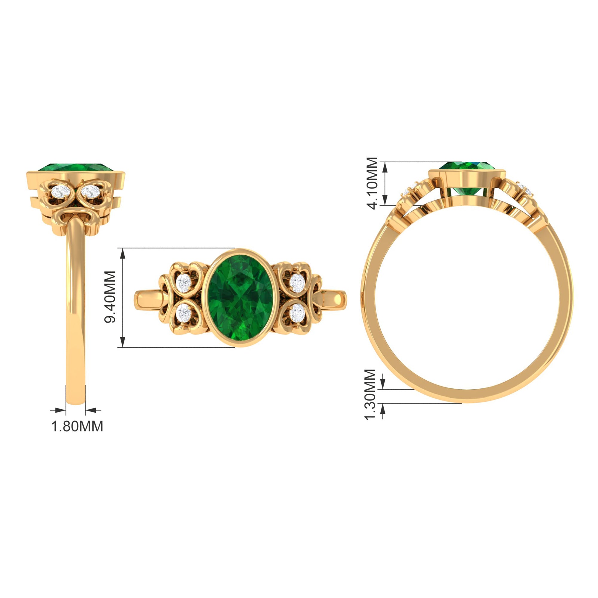 Bezel Set Oval Created Emerald Statement Engagement Ring with Diamond Lab Created Emerald - ( AAAA ) - Quality - Rosec Jewels