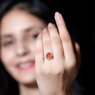 Created Orange Sapphire Cocktail Ring with Moissanite Floral Halo Lab Created Orange Sapphire - ( AAAA ) - Quality - Rosec Jewels